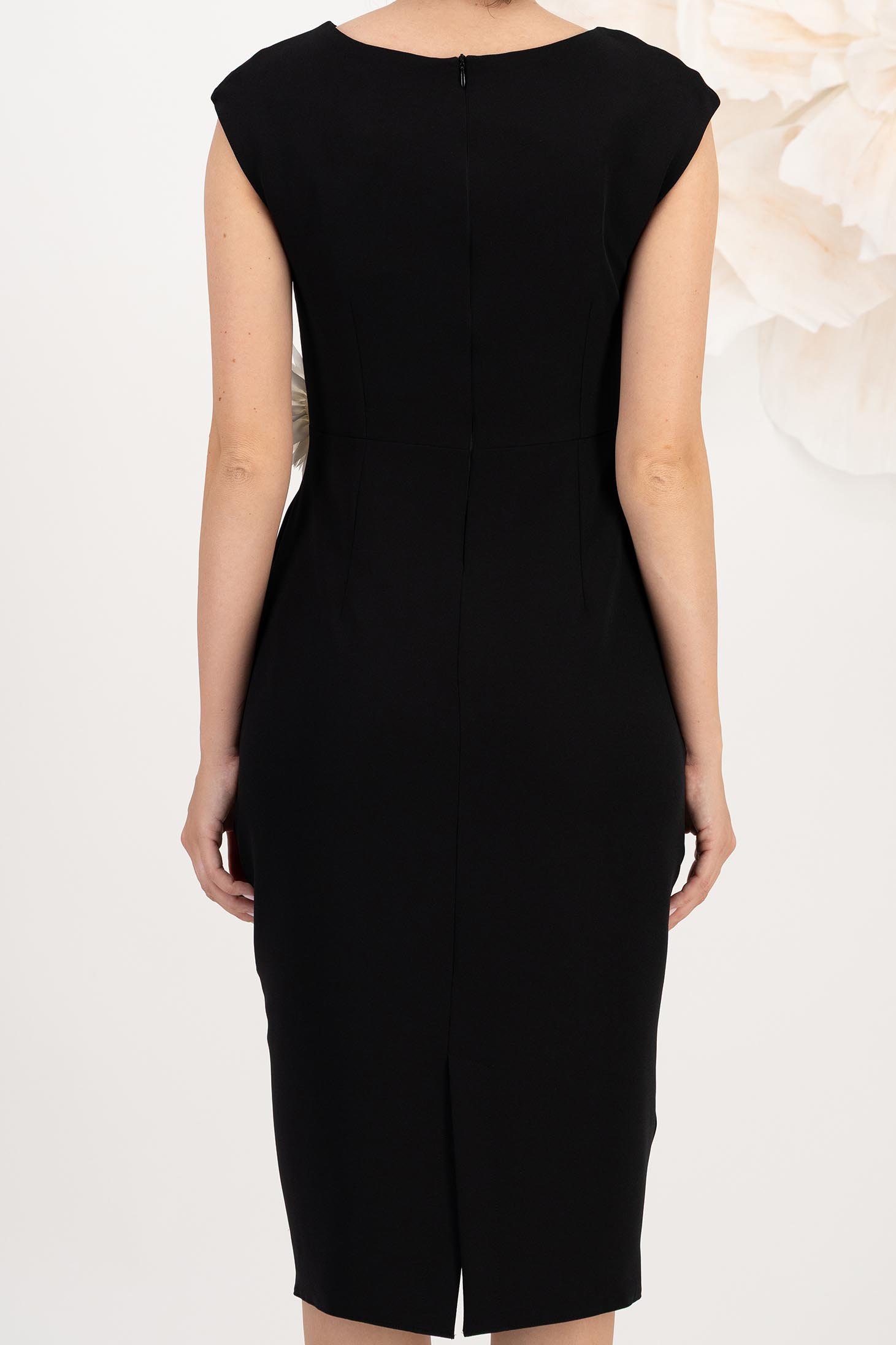 Rochie din stofa elastica neagra midi tip creion accesorizata cu 3 brose maxi florale - StarShinerS 4 - StarShinerS.ro