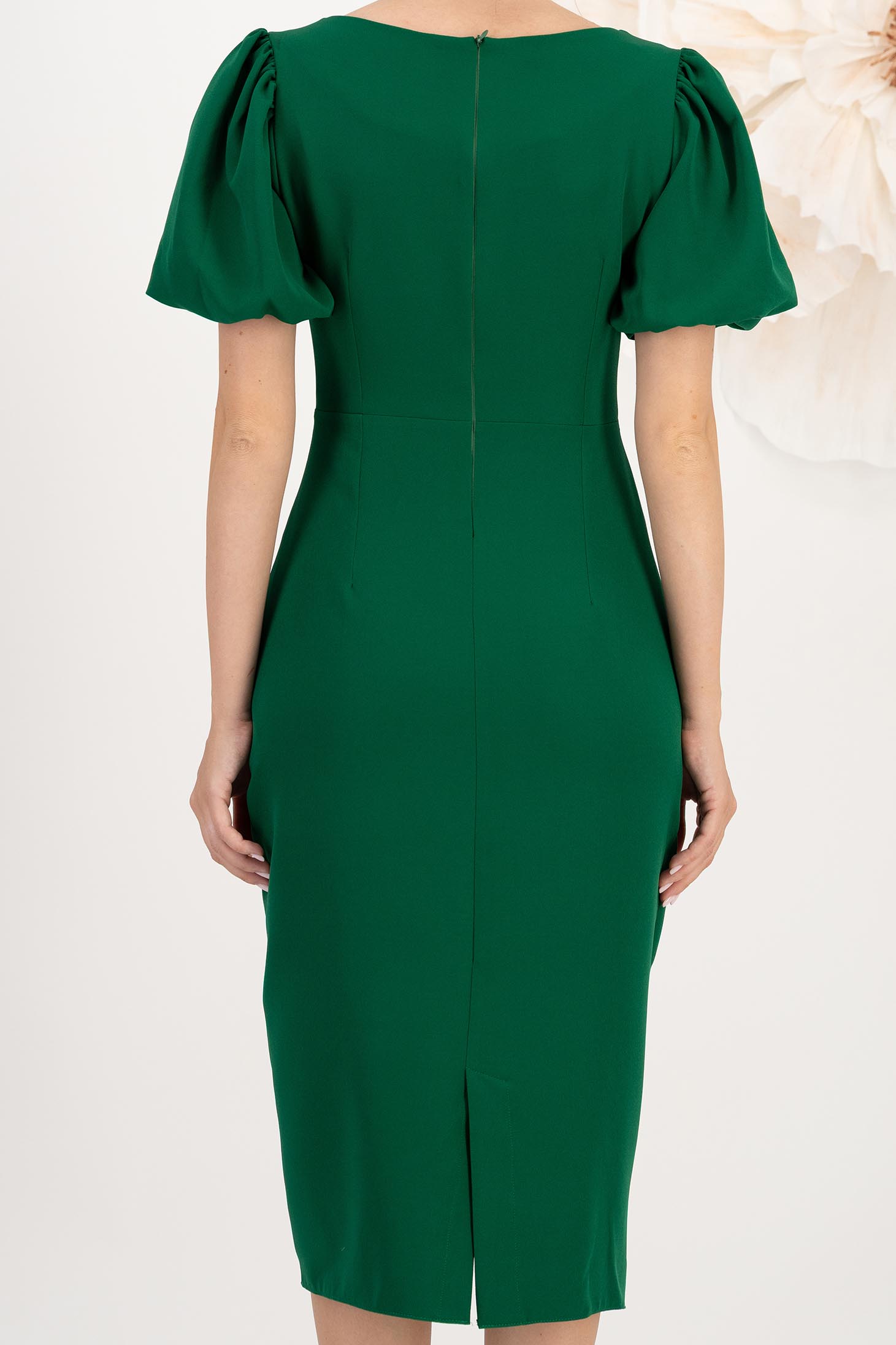 Rochie din stofa elastica verde midi tip creion cu maneci bufante si brose florale 3D - StarShinerS 5 - StarShinerS.ro