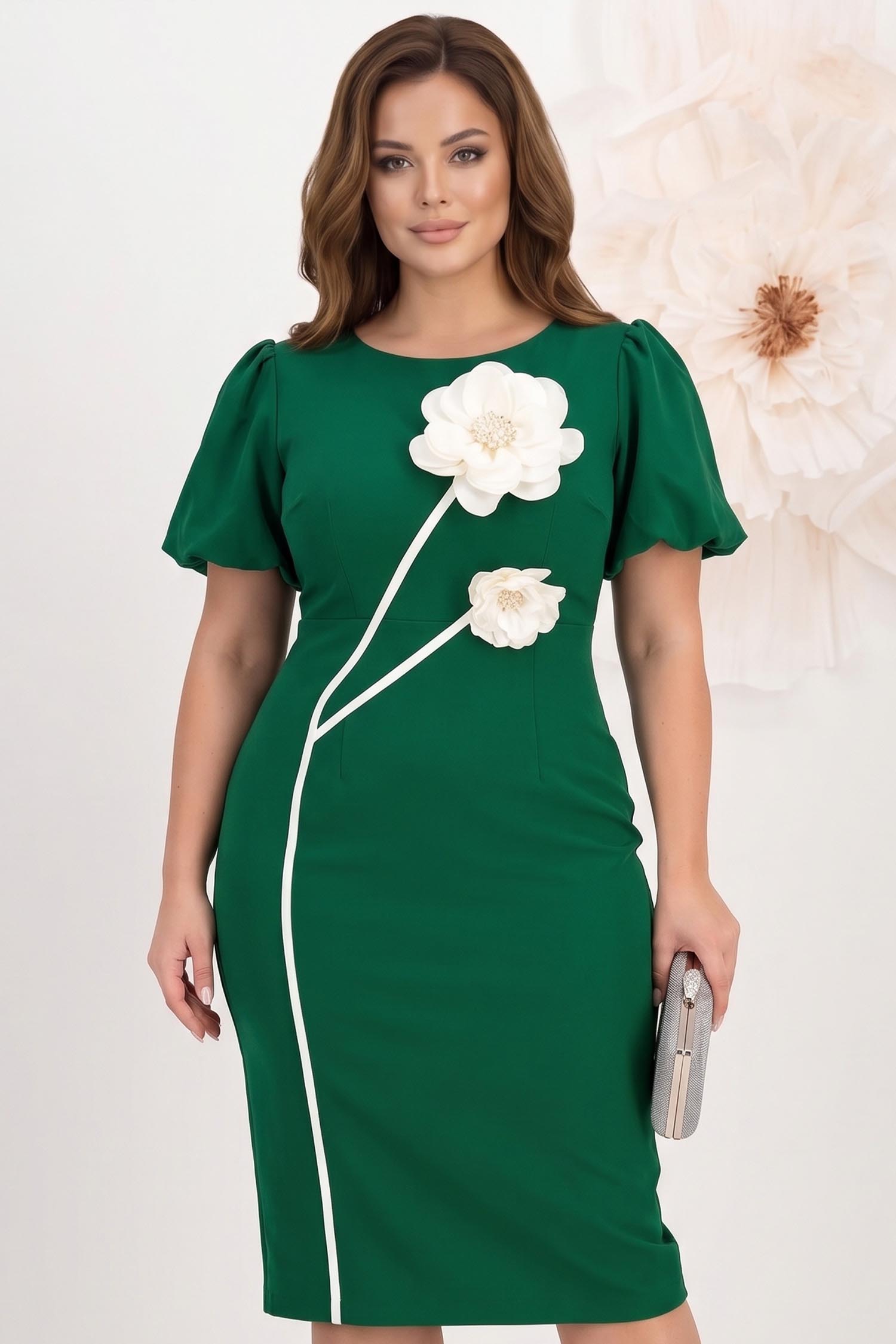 Rochie verde midi tip creion cu brose florale 3D - StarShinerS 1 - StarShinerS.ro