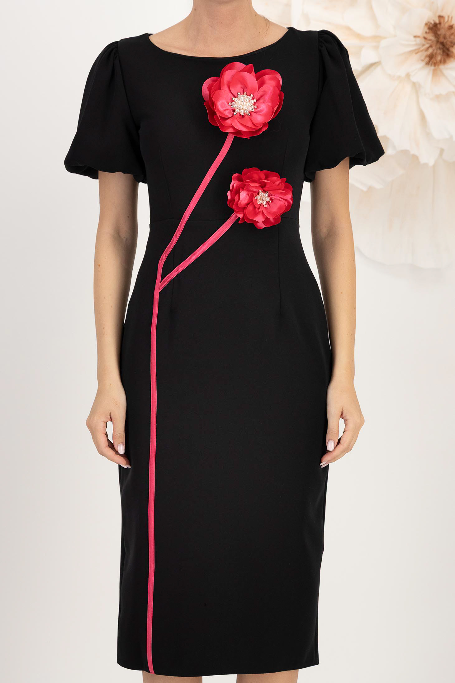 Rochie din stofa elastica neagra midi tip creion cu maneci bufante si brose florale 3D - StarShinerS 4 - StarShinerS.ro