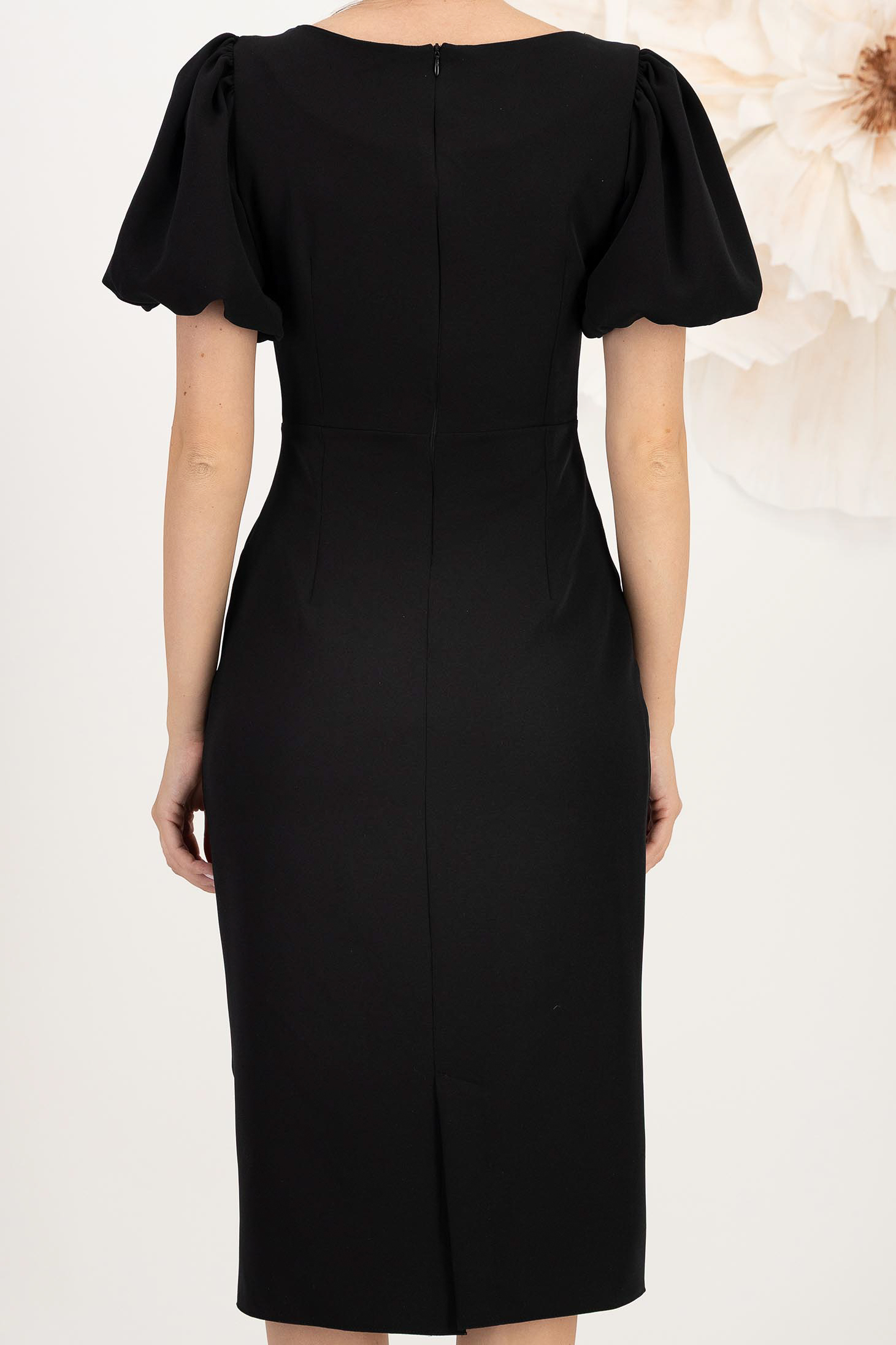 Rochie din stofa elastica neagra midi tip creion cu maneci bufante si brose florale 3D - StarShinerS 5 - StarShinerS.ro