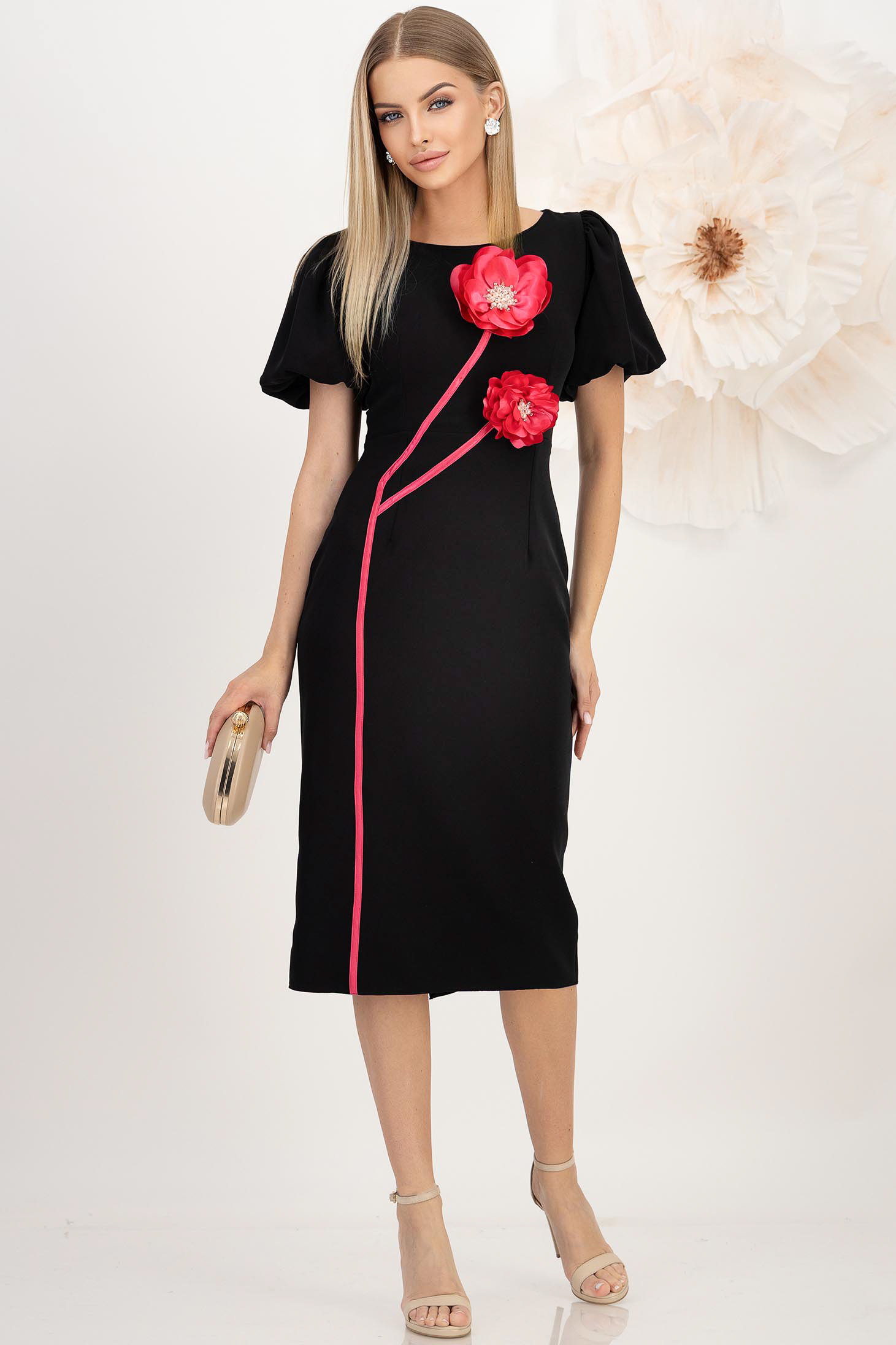 Rochie din stofa elastica neagra midi tip creion cu maneci bufante si brose florale 3D - StarShinerS 3 - StarShinerS.ro