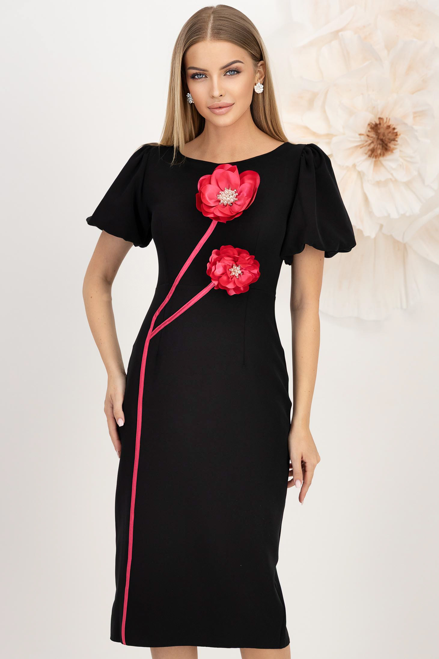 StarShinerS.ro Rochie din stofa elastica neagra midi tip creion cu maneci bufante si brose florale 3D - StarShinerS