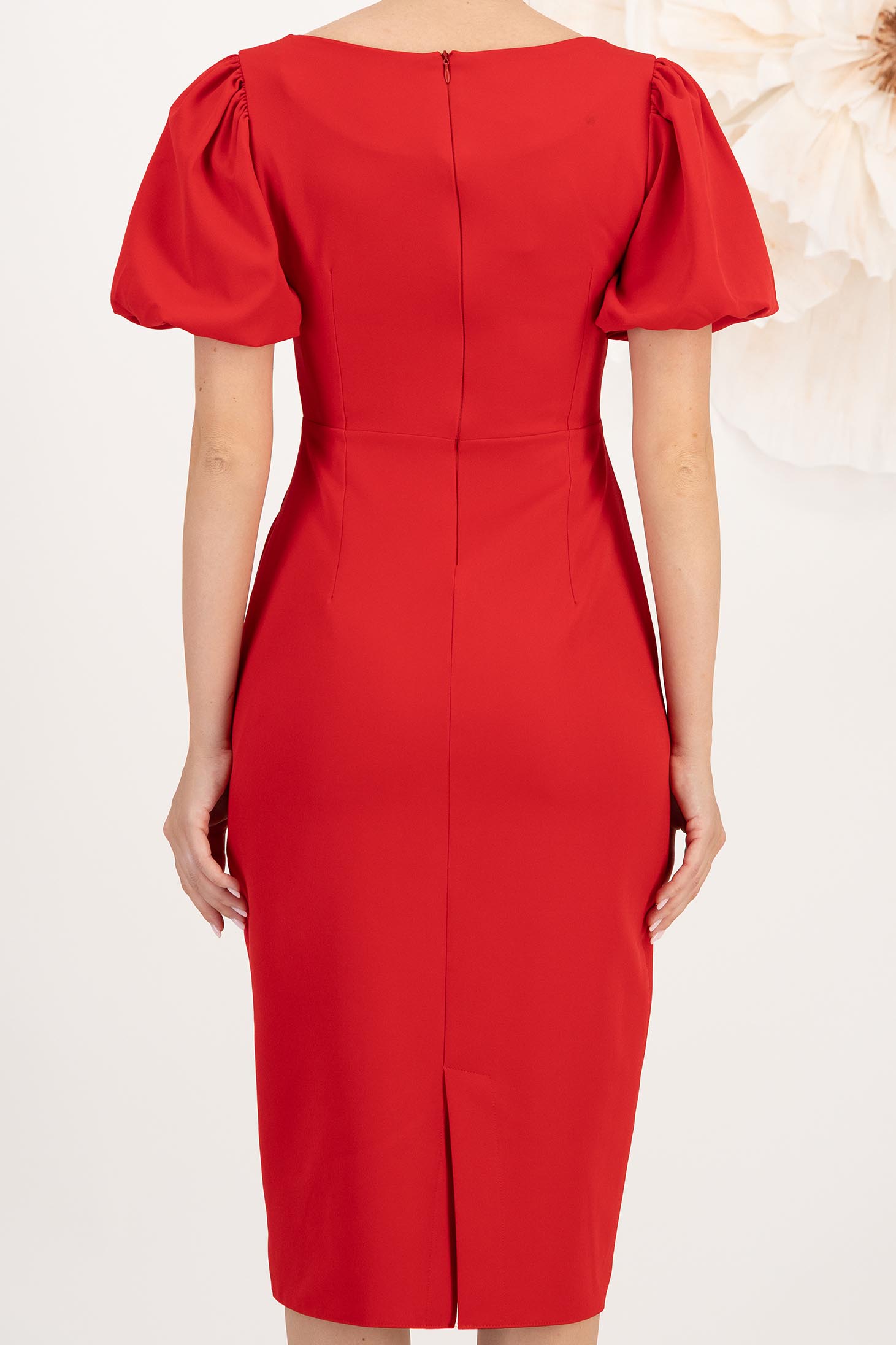 Rochie din stofa elastica rosie midi tip creion cu maneci bufante si brose florale 3D - StarShinerS 5 - StarShinerS.ro