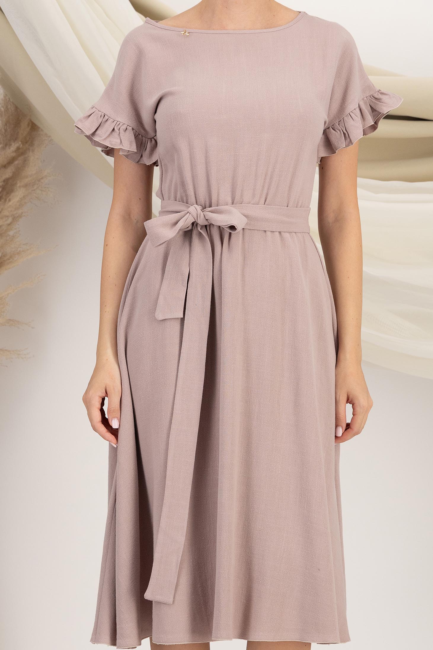 Rochie din in si viscoza mocha midi in clos cu elastic in talie si volanase la maneci - StarShinerS 4 - StarShinerS.ro