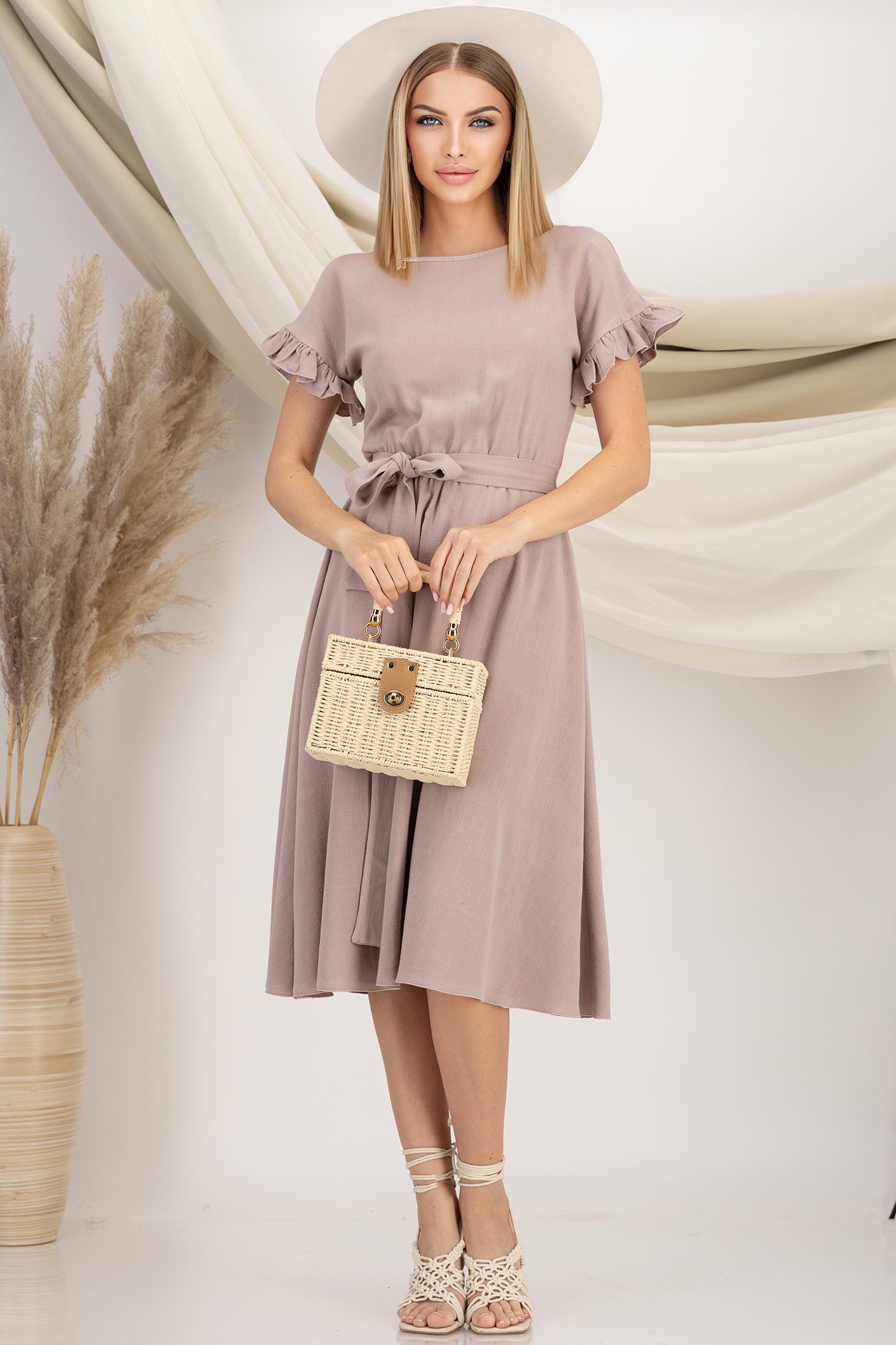 Rochie din in si viscoza mocha midi in clos cu elastic in talie si volanase la maneci - StarShinerS 3 - StarShinerS.ro