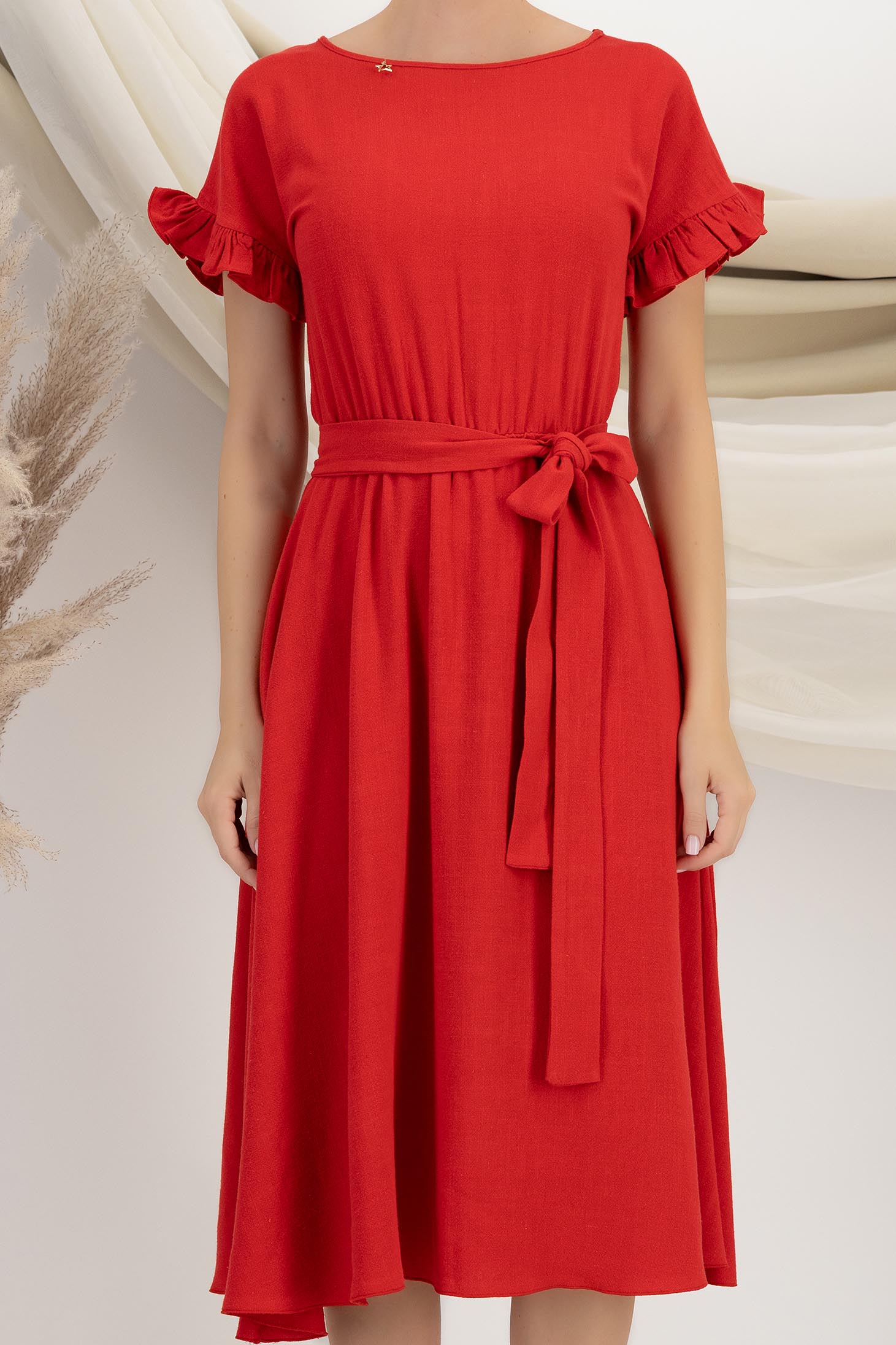 Rochie din in si viscoza rosie midi in clos cu elastic in talie si volanase la maneci - StarShinerS 4 - StarShinerS.ro