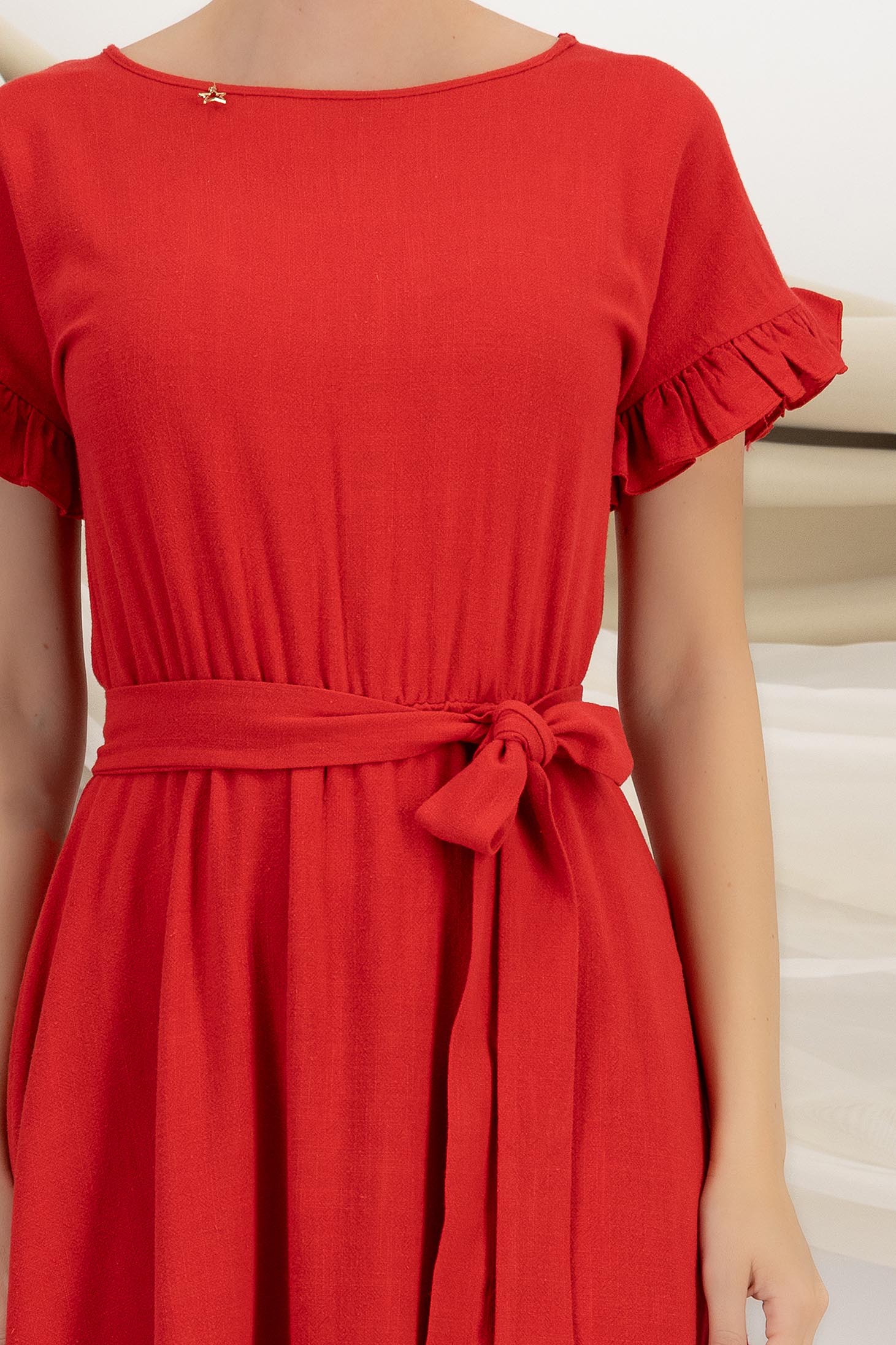 Rochie din in si viscoza rosie midi in clos cu elastic in talie si volanase la maneci - StarShinerS 6 - StarShinerS.ro