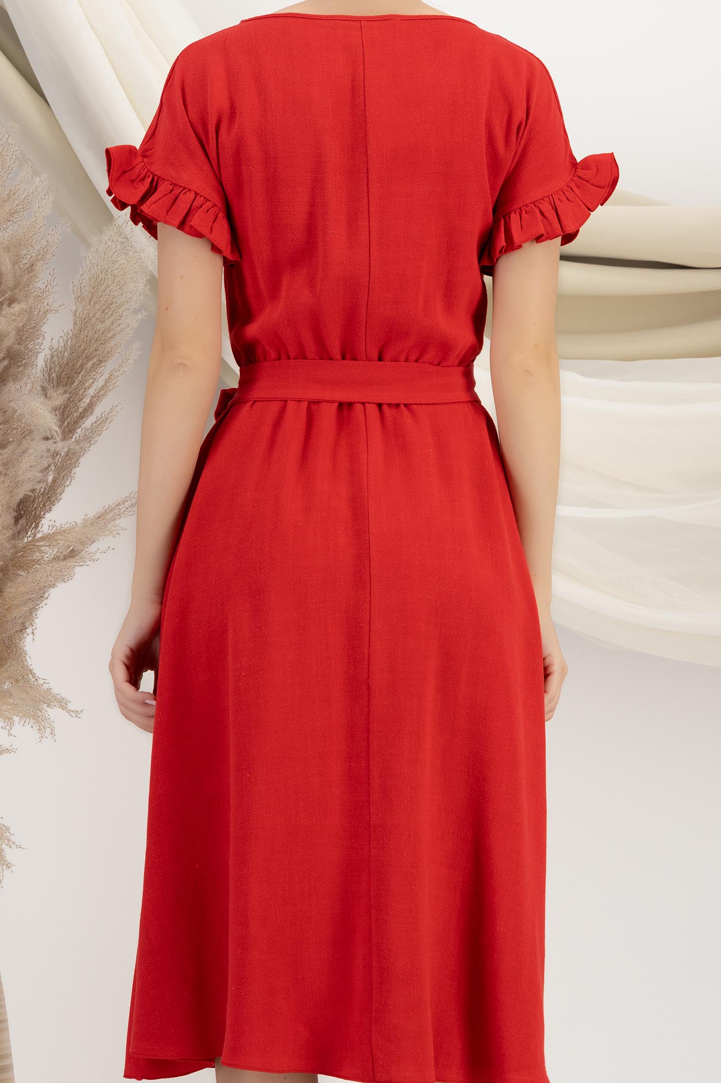 Rochie din in si viscoza rosie midi in clos cu elastic in talie si volanase la maneci - StarShinerS 5 - StarShinerS.ro