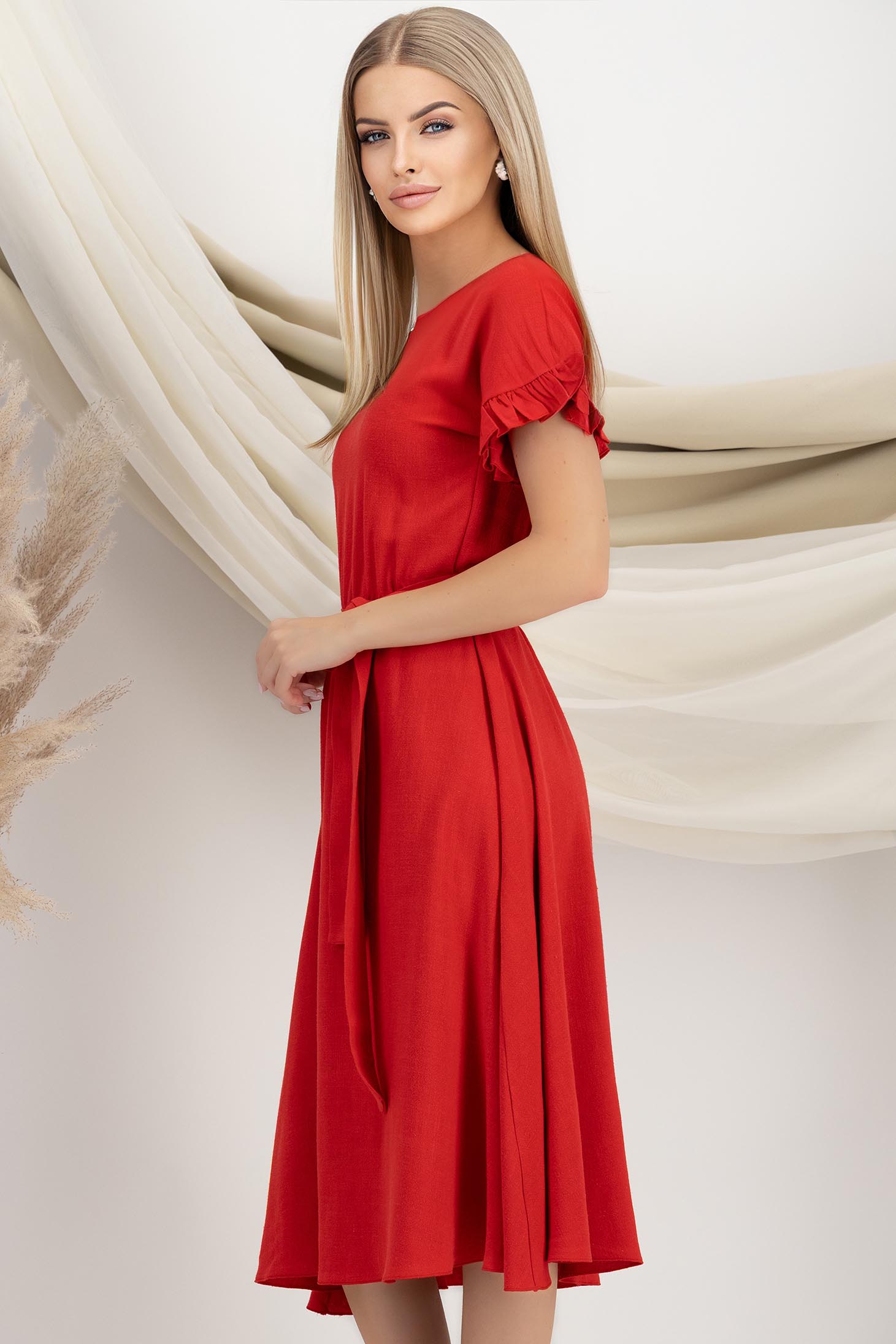 Rochie din in si viscoza rosie midi in clos cu elastic in talie si volanase la maneci - StarShinerS 2 - StarShinerS.ro