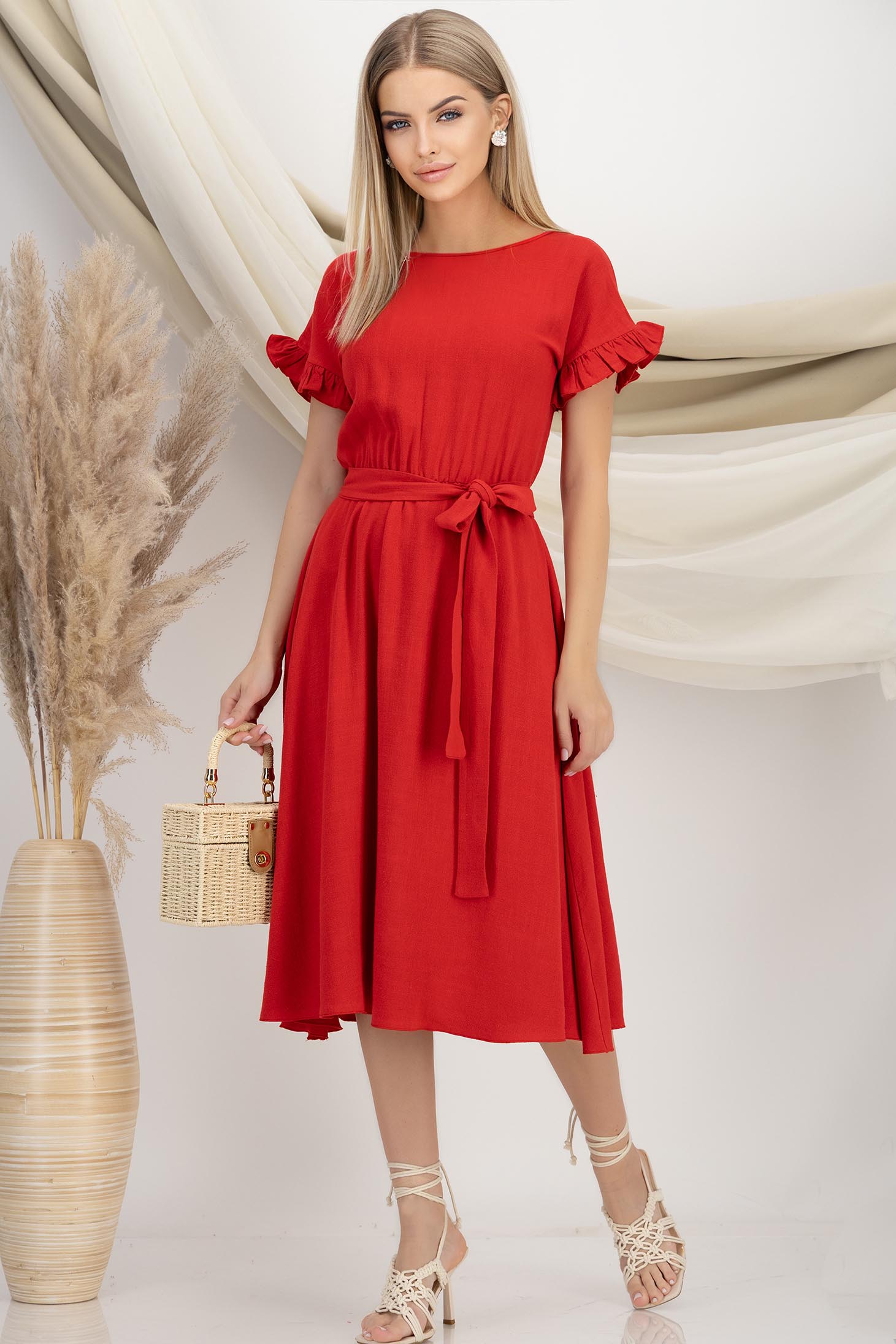 Rochie din in si viscoza rosie midi in clos cu elastic in talie si volanase la maneci - StarShinerS 3 - StarShinerS.ro
