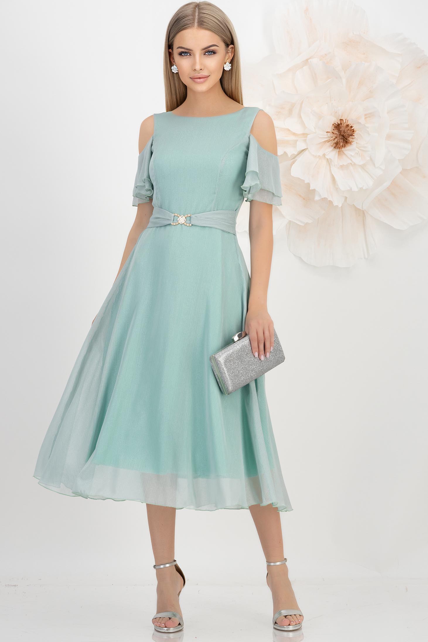 StarShinerS.ro Rochie din voal cu fir lame mint midi in clos - StarShinerS