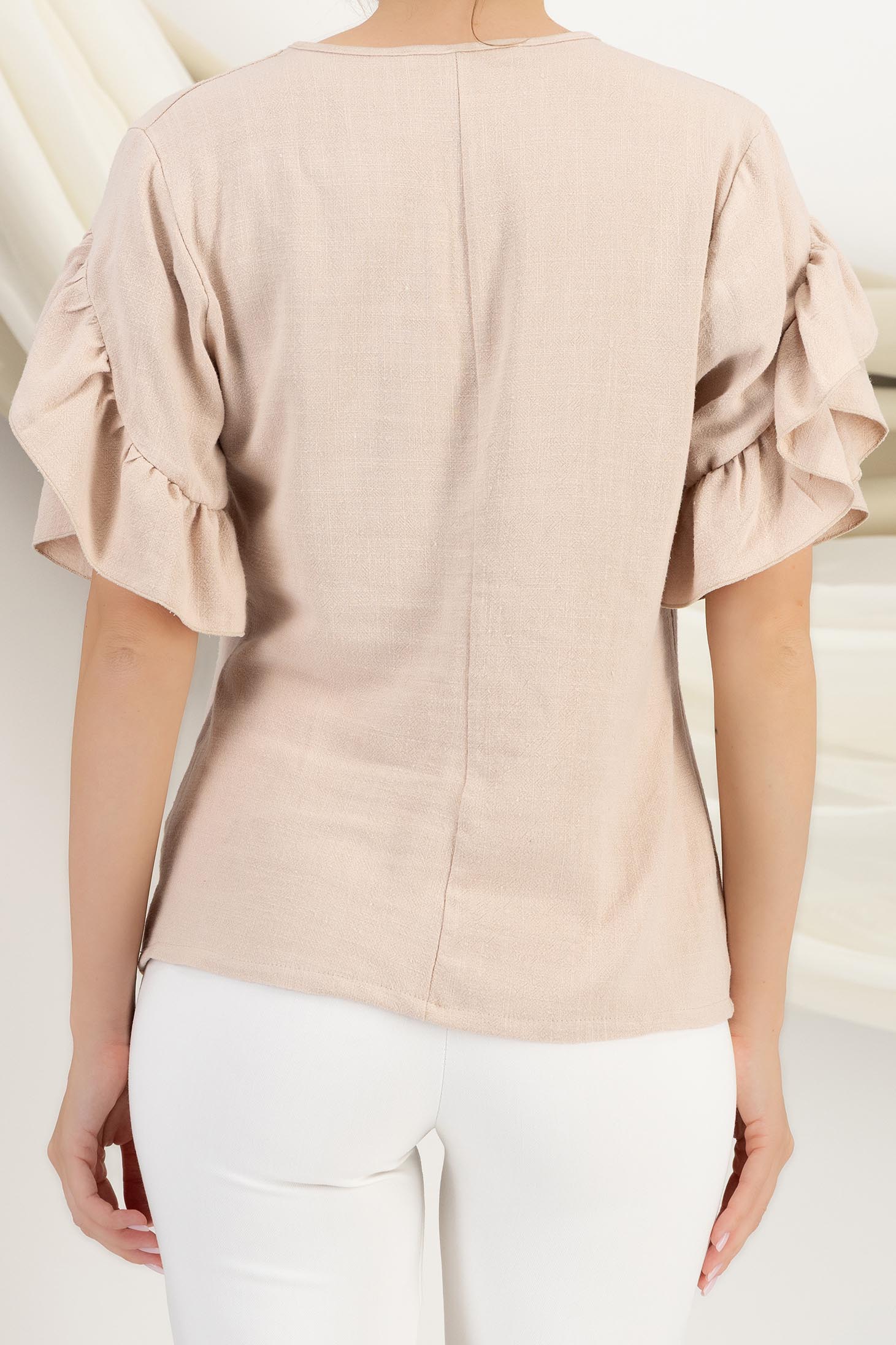Bluza dama din in si viscoza bej cu volanase la maneca - StarShinerS 5 - StarShinerS.ro