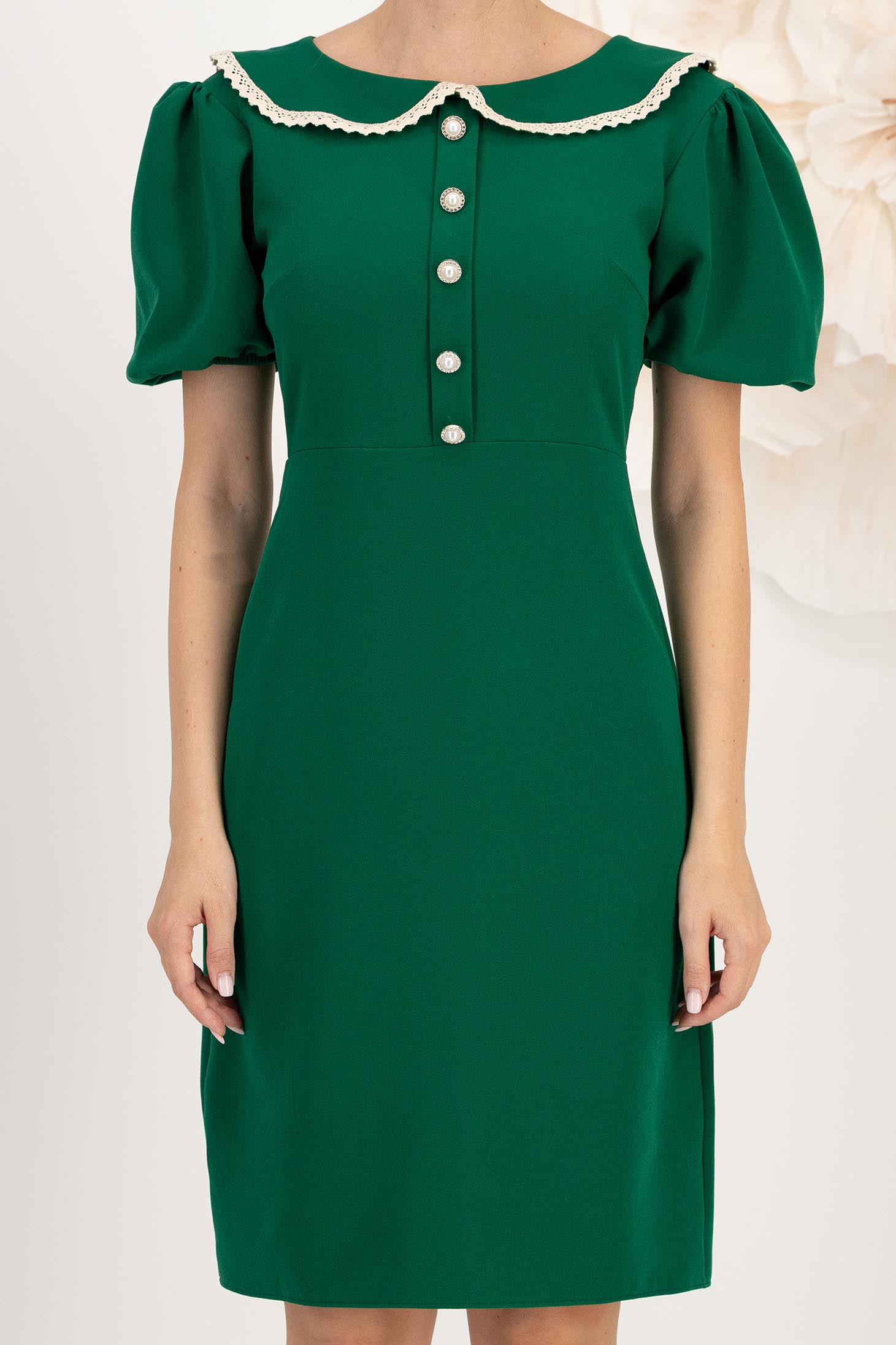 Rochie din stofa elastica verde pana la genunchi cu croi in a si guler rotunjit cu dantela - StarShinerS 4 - StarShinerS.ro