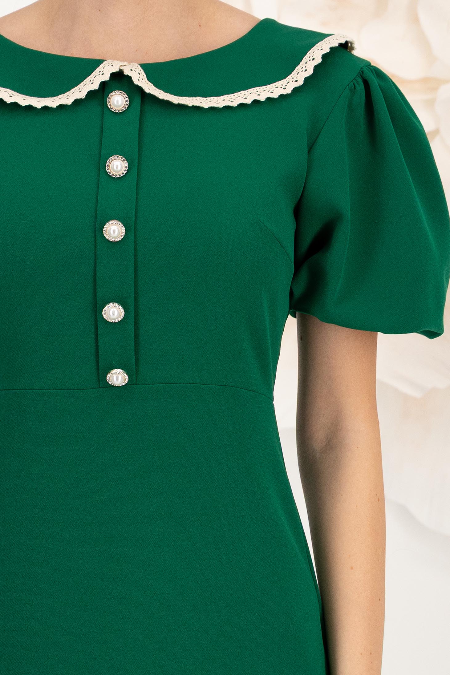 Rochie din stofa elastica verde pana la genunchi cu croi in a si guler rotunjit cu dantela - StarShinerS 6 - StarShinerS.ro