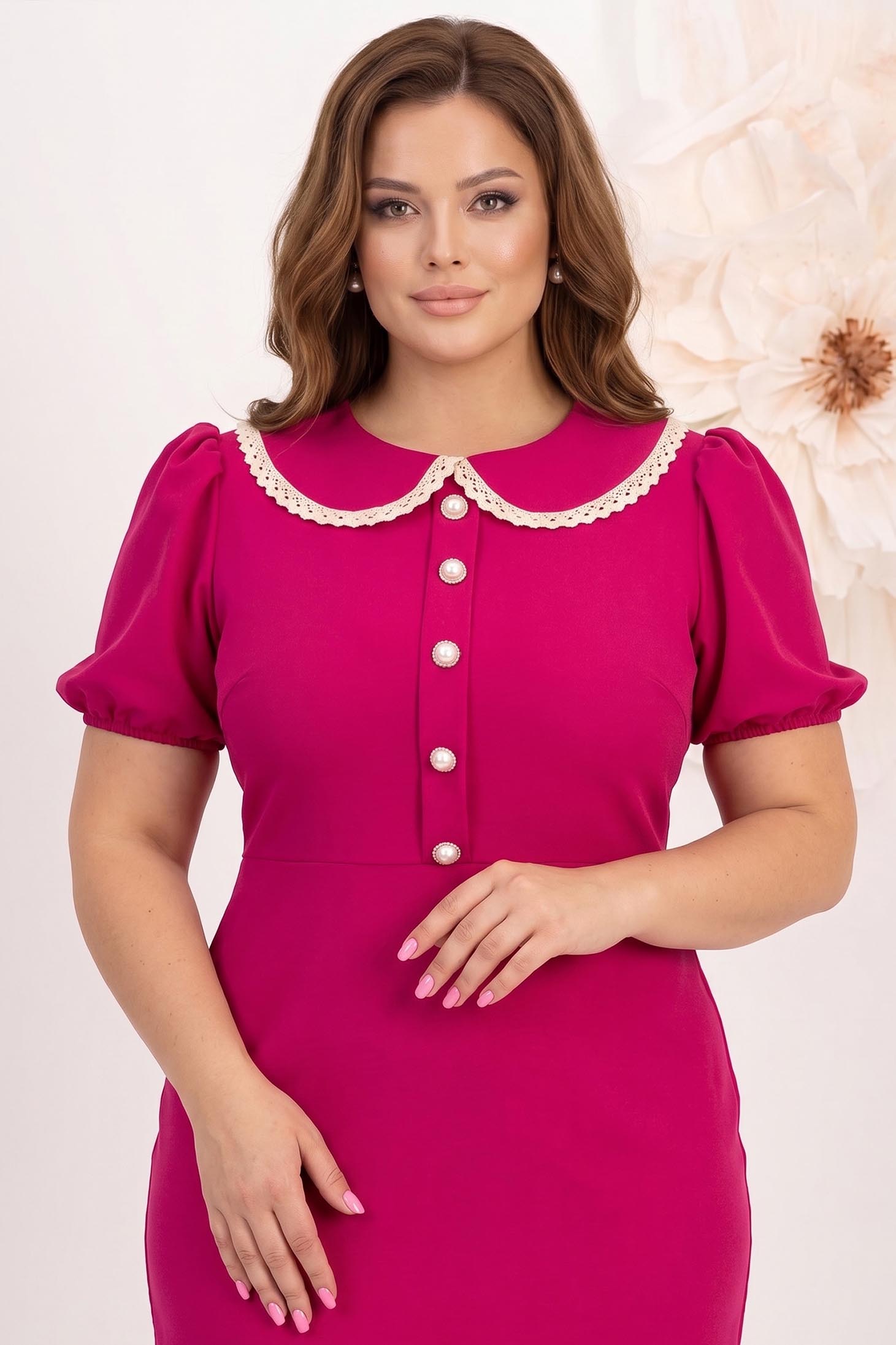 Rochie din stofa elastica fuchsia pana la genunchi cu croi in a si guler rotunjit cu dantela - StarShinerS 2 - StarShinerS.ro
