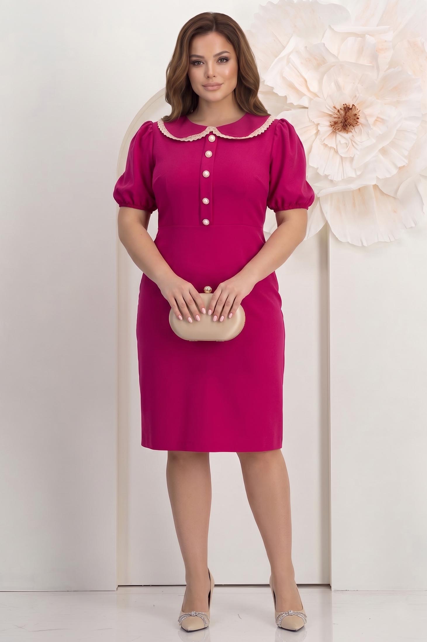Rochie din stofa elastica fuchsia pana la genunchi cu croi in a si guler rotunjit cu dantela - StarShinerS 1 - StarShinerS.ro