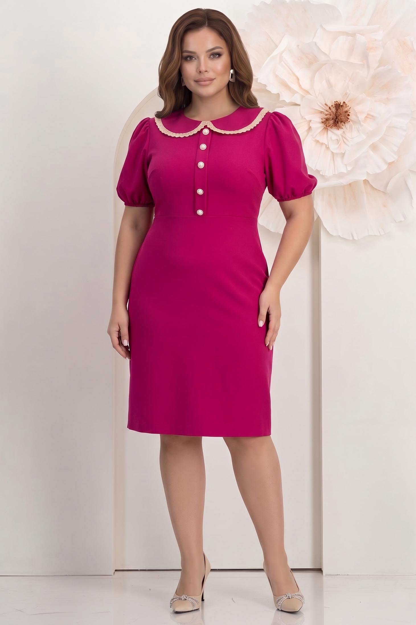 Rochie din stofa elastica fuchsia pana la genunchi cu croi in a si guler rotunjit cu dantela - StarShinerS 3 - StarShinerS.ro