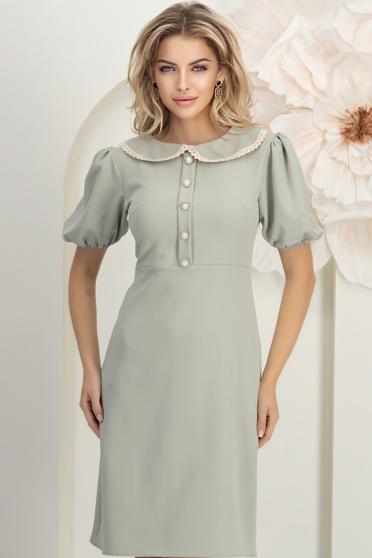 StarShinerS.ro Rochie din stofa elastica mint pana la genunchi cu croi in a si guler rotunjit cu dantela - StarShinerS