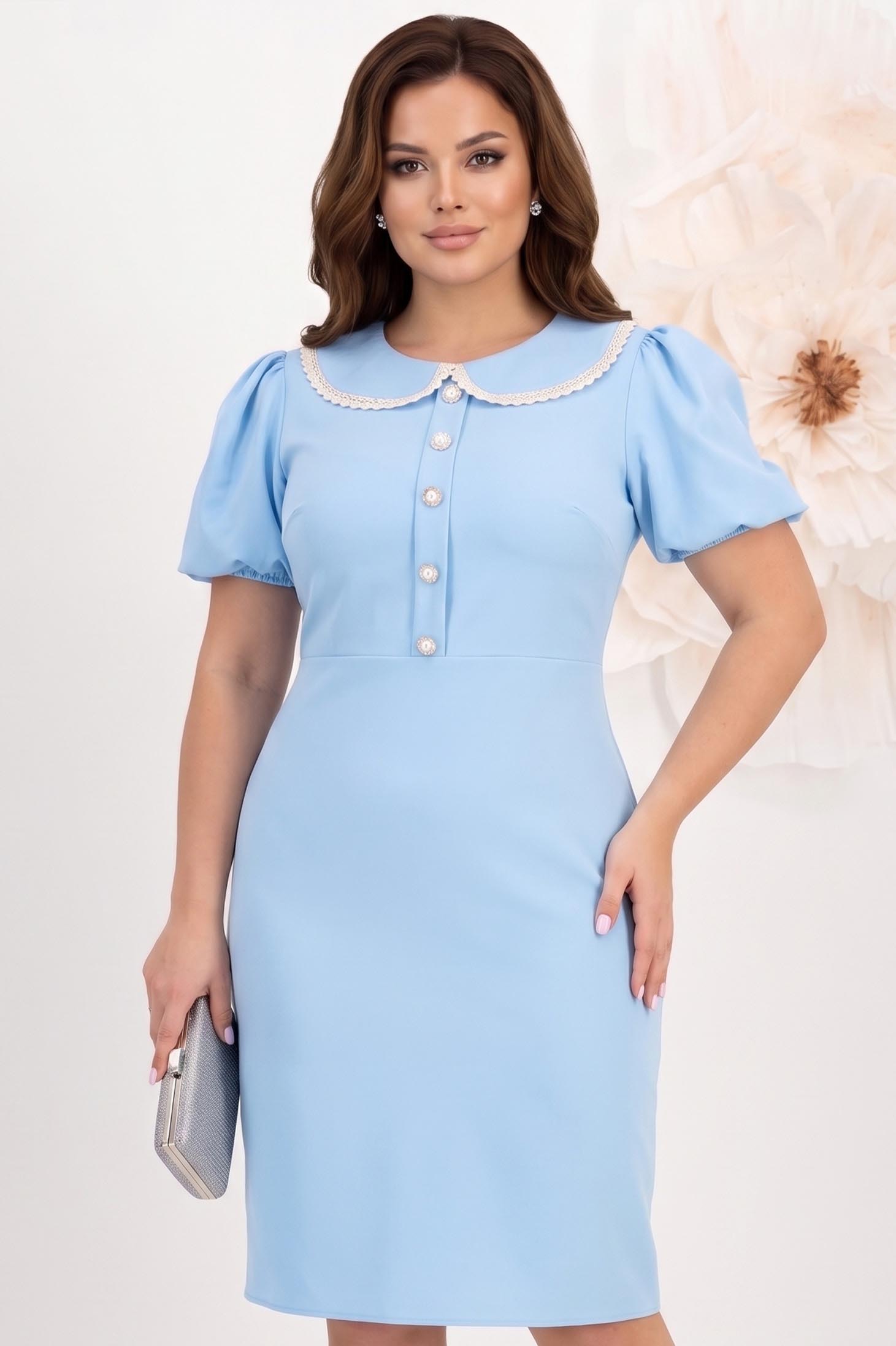 Rochie din stofa elastica albastru-deschis pana la genunchi cu croi in a si guler rotunjit cu dantela - StarShinerS 1 - StarShinerS.ro