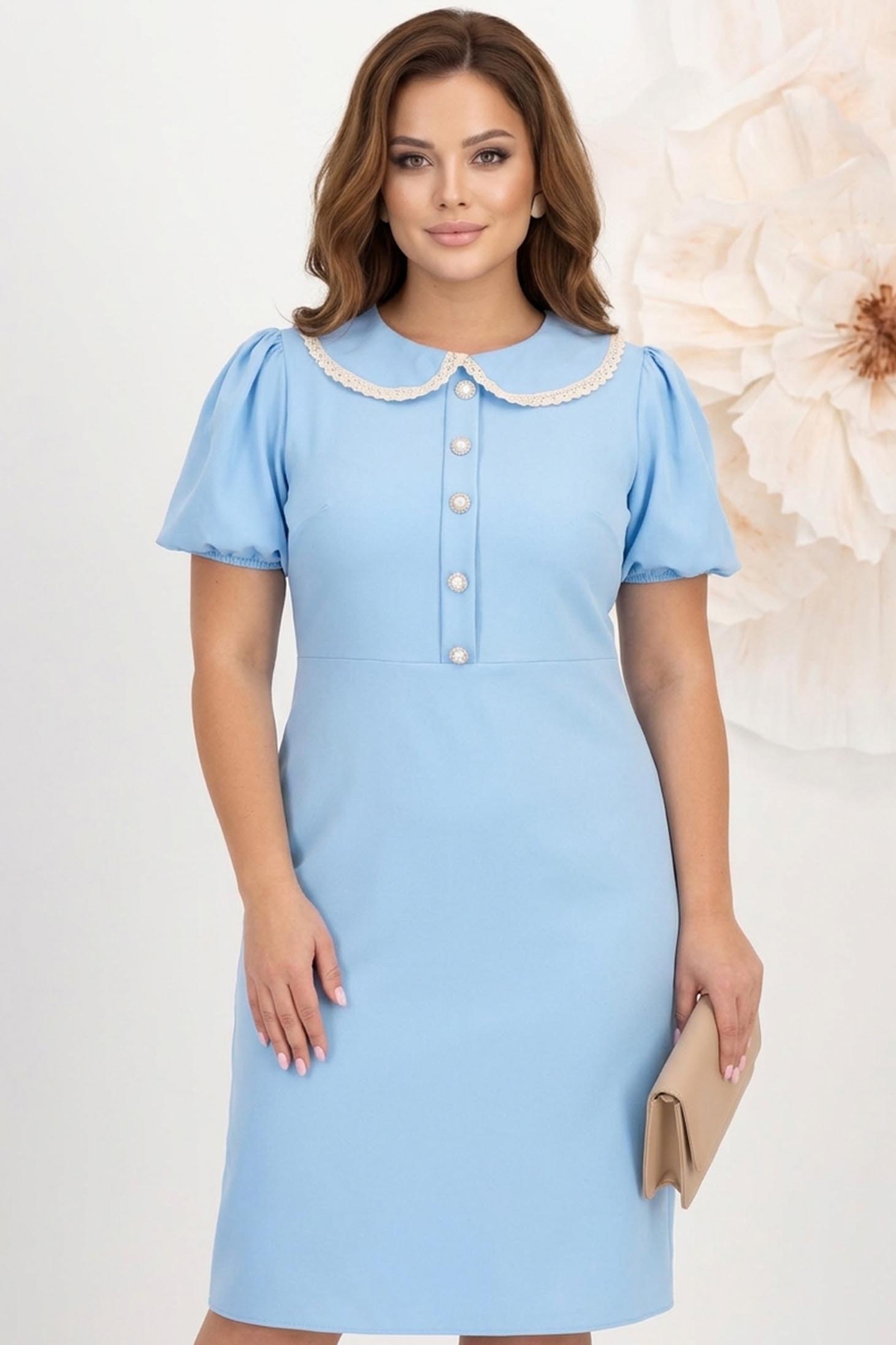 Rochie din stofa elastica albastru-deschis pana la genunchi cu croi in a si guler rotunjit cu dantela - StarShinerS 2 - StarShinerS.ro