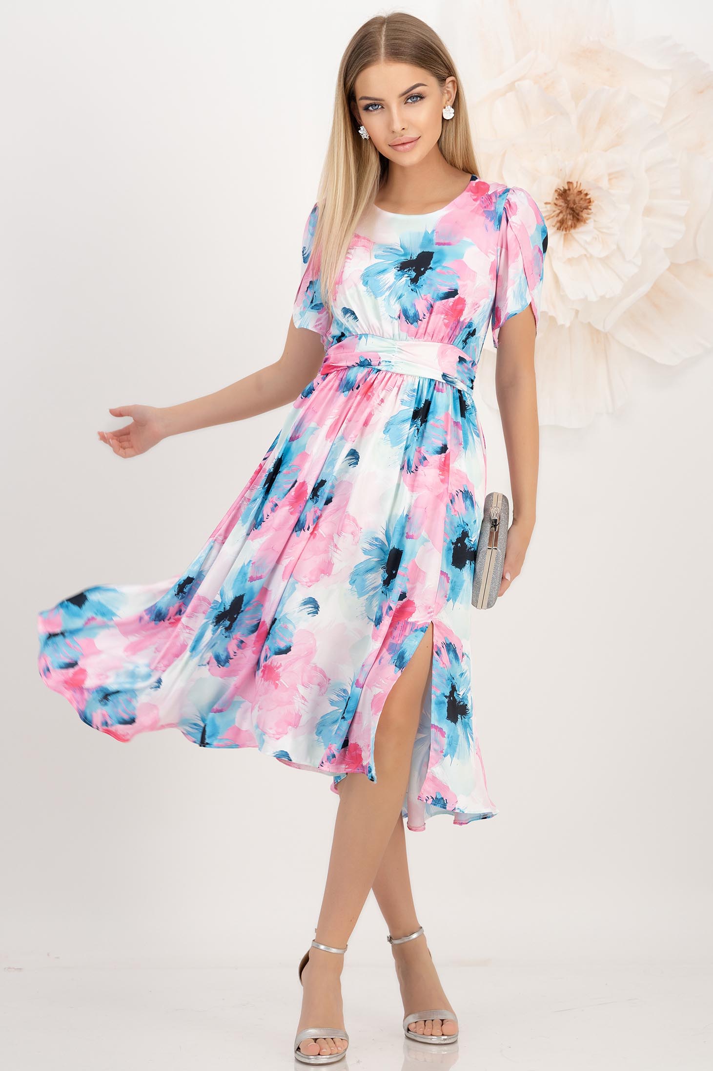 StarShinerS.ro Rochie din satin midi in clos crapata pe picior - StarShinerS