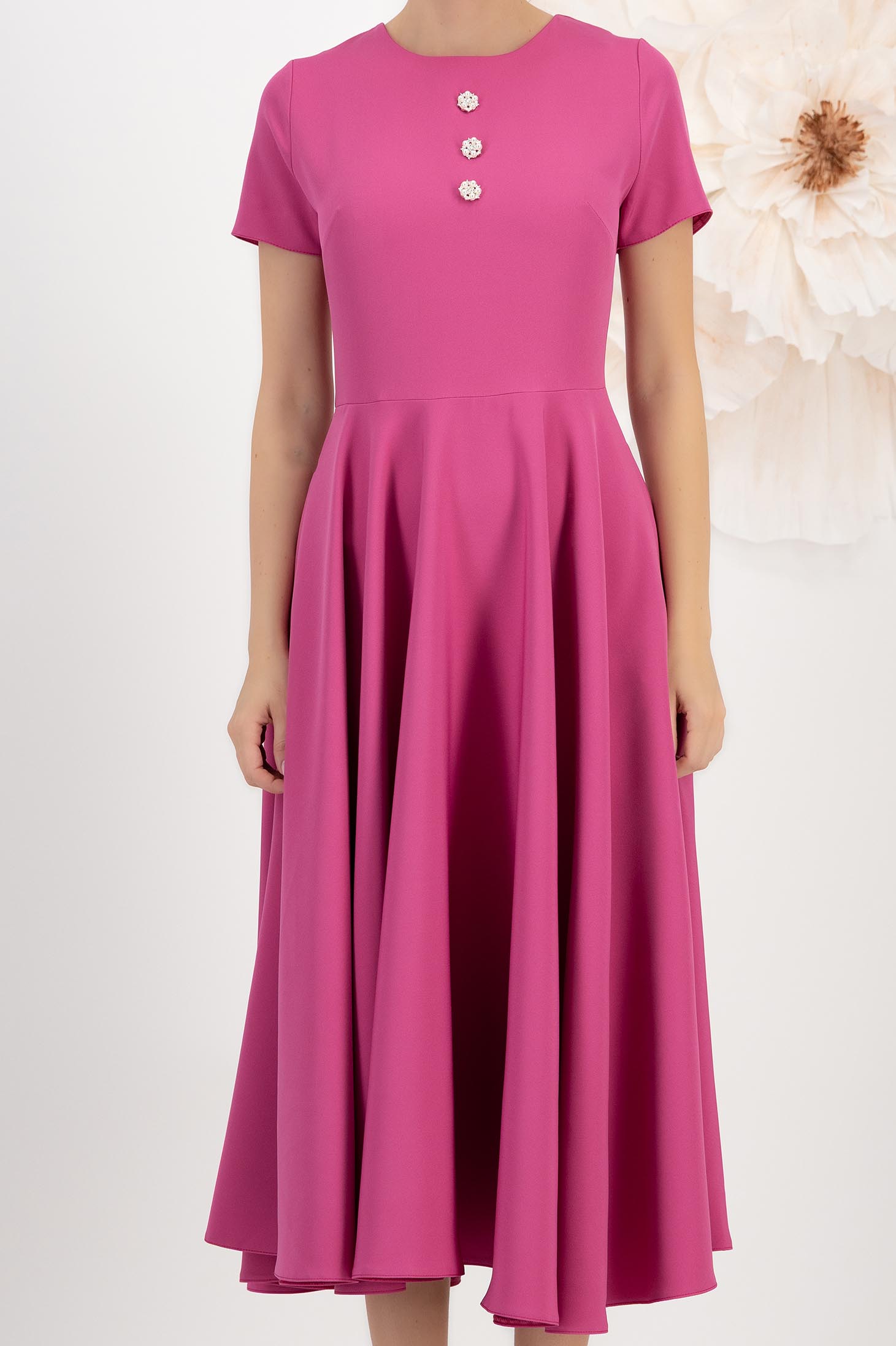 Rochie din stofa elastica zmeura midi in clos cu nasturi decorativi si buzunare laterale - StarShinerS 4 - StarShinerS.ro