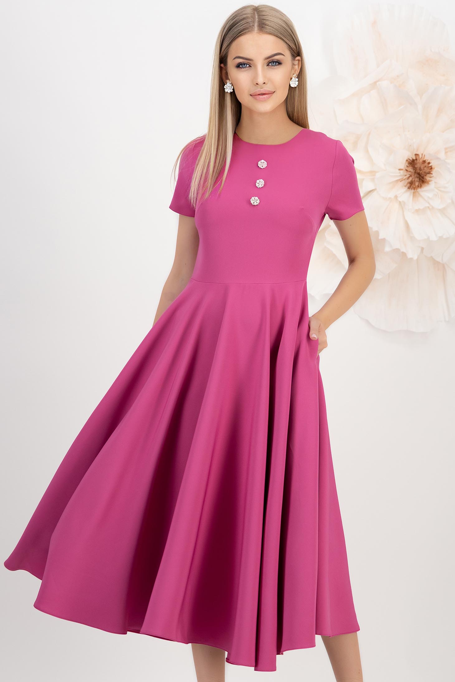 StarShinerS.ro Rochie din stofa elastica zmeura midi in clos cu nasturi decorativi si buzunare laterale - StarShinerS