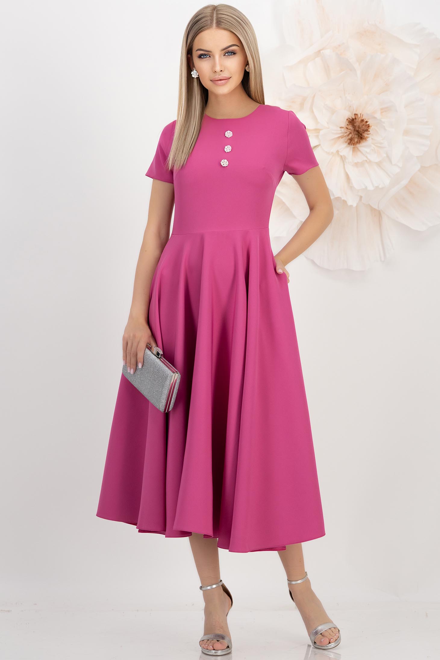 Rochie din stofa elastica zmeura midi in clos cu nasturi decorativi si buzunare laterale - StarShinerS 3 - StarShinerS.ro