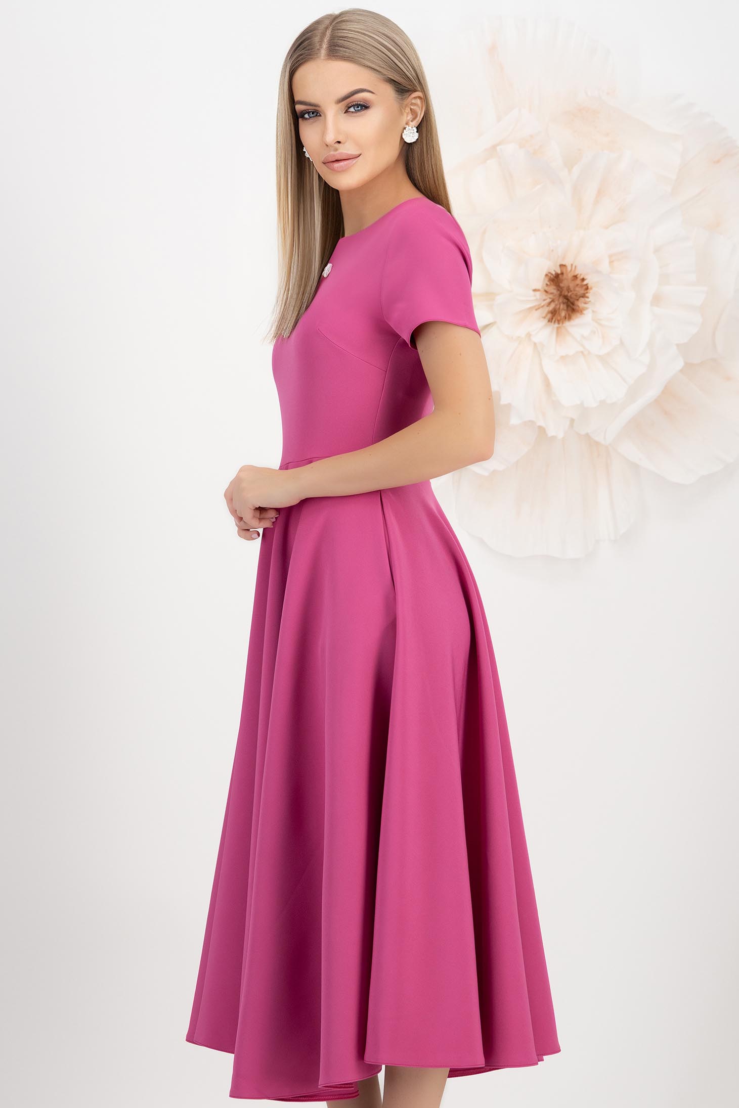 Rochie din stofa elastica zmeura midi in clos cu nasturi decorativi si buzunare laterale - StarShinerS 2 - StarShinerS.ro