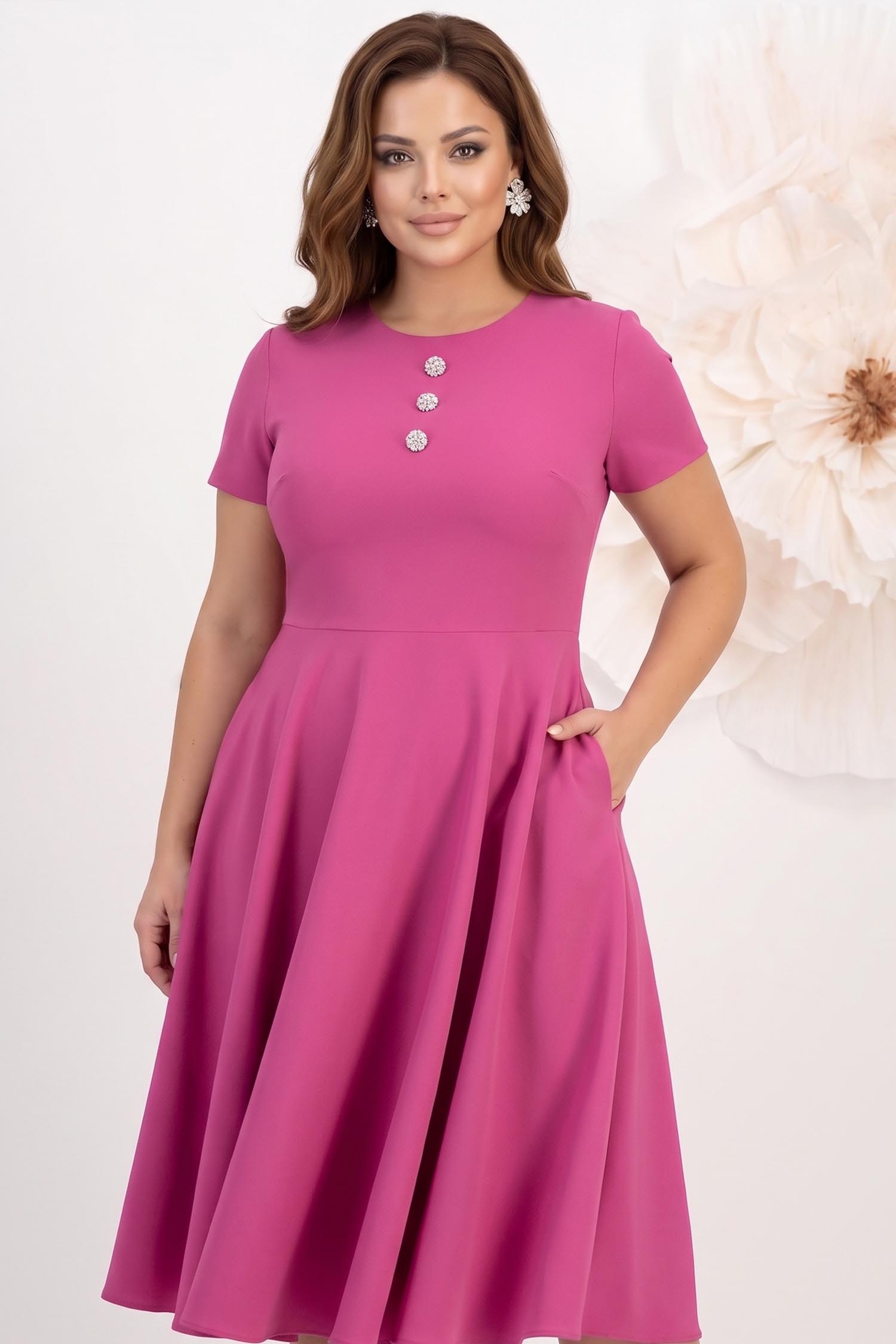 Rochie din stofa elastica zmeura midi in clos cu nasturi decorativi si buzunare laterale - StarShinerS 1 - StarShinerS.ro