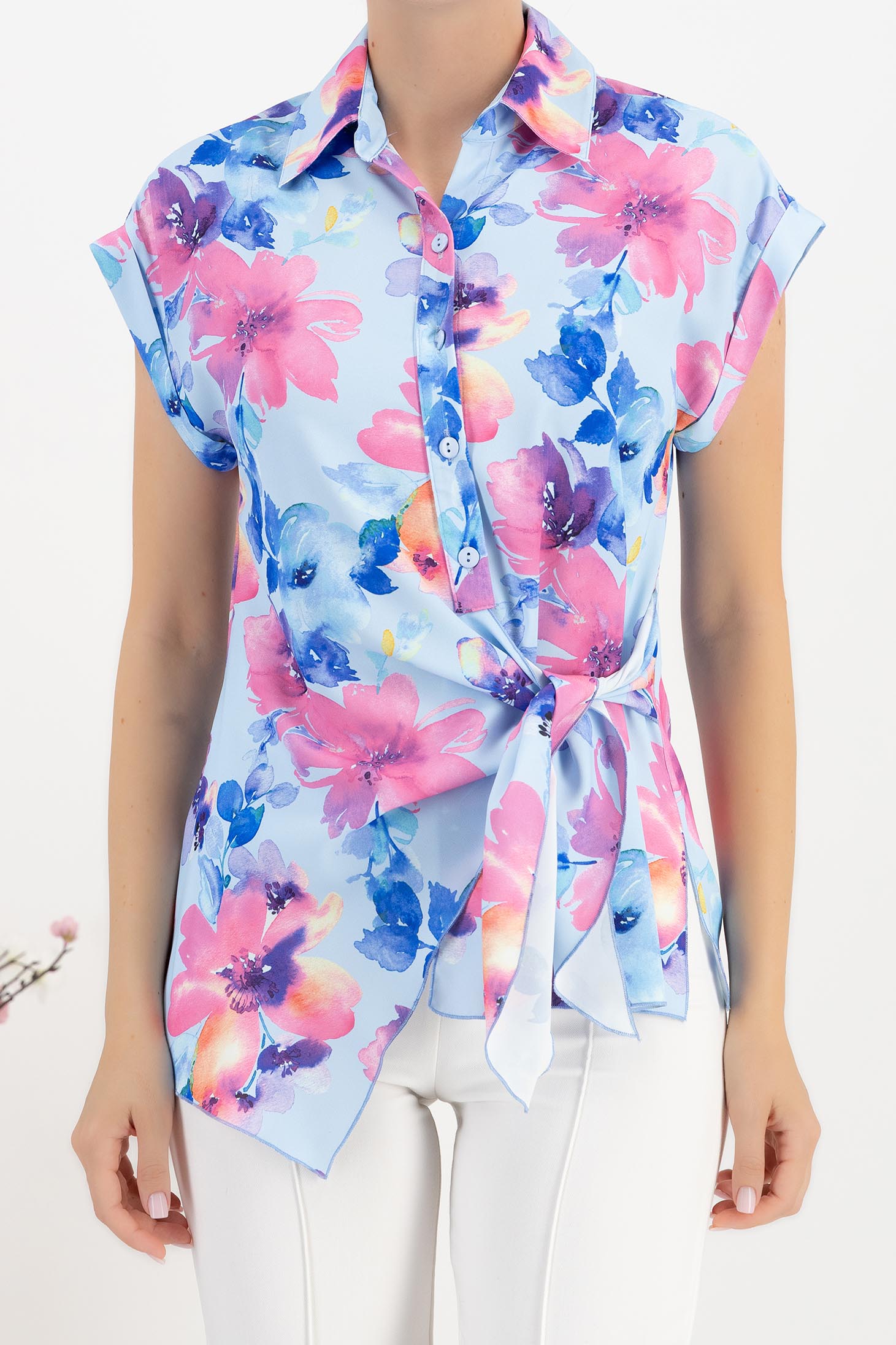 Bluza dama din material subtire matasos albastru-deschis cu croi larg imprimata floral - StarShinerS 4 - StarShinerS.ro