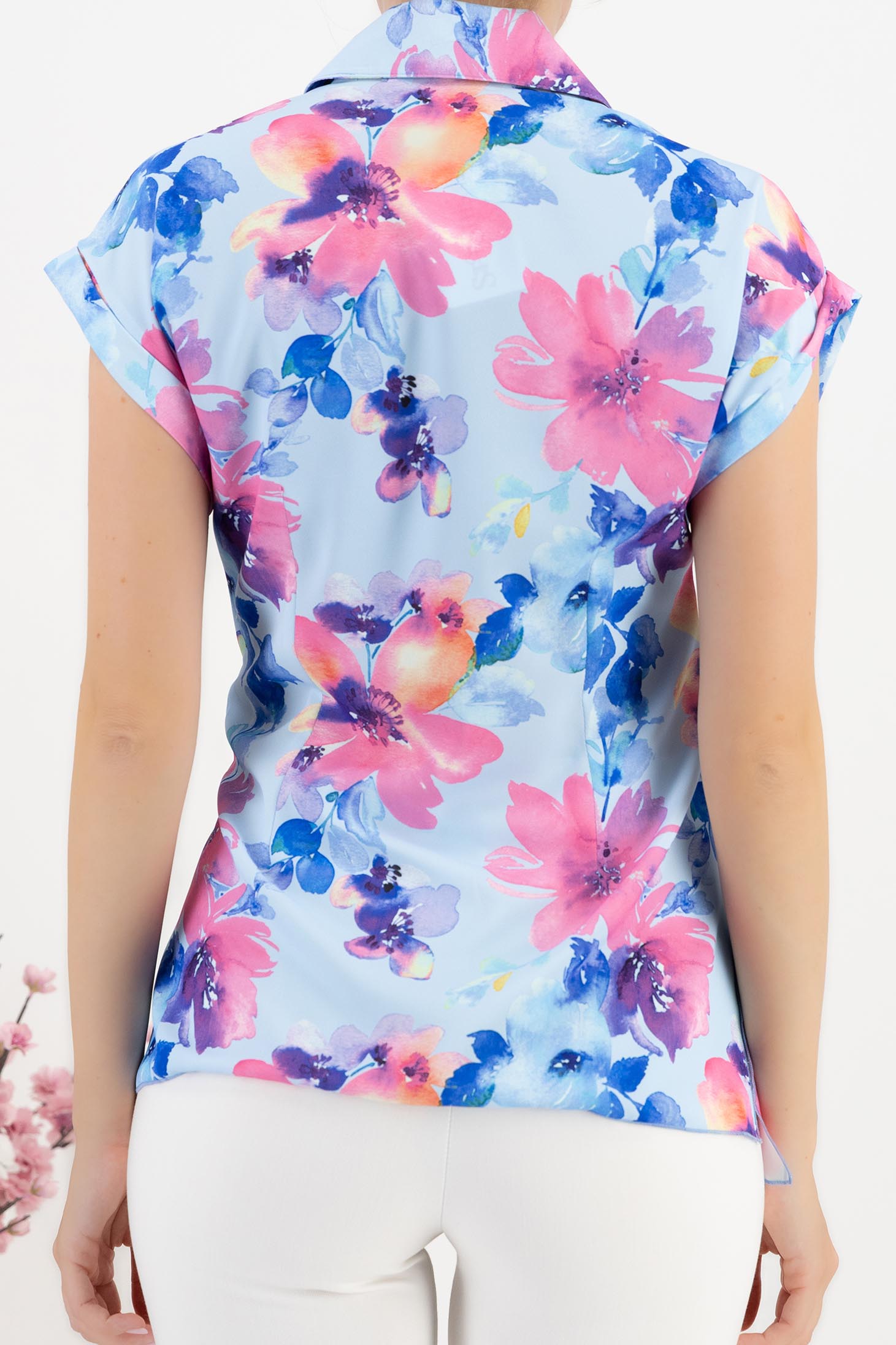 Bluza dama din material subtire matasos albastru-deschis cu croi larg imprimata floral - StarShinerS 5 - StarShinerS.ro