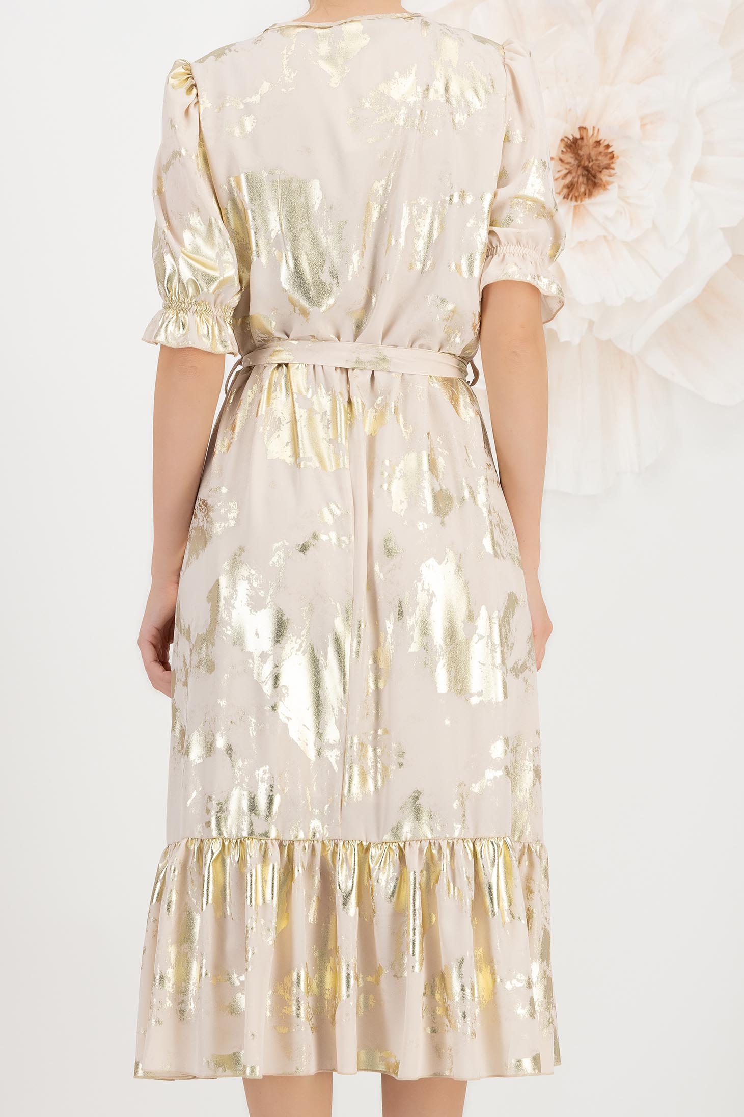 Rochie din tripluvoal metalizat bej midi in clos cu elastic in talie - StarShinerS 5 - StarShinerS.ro