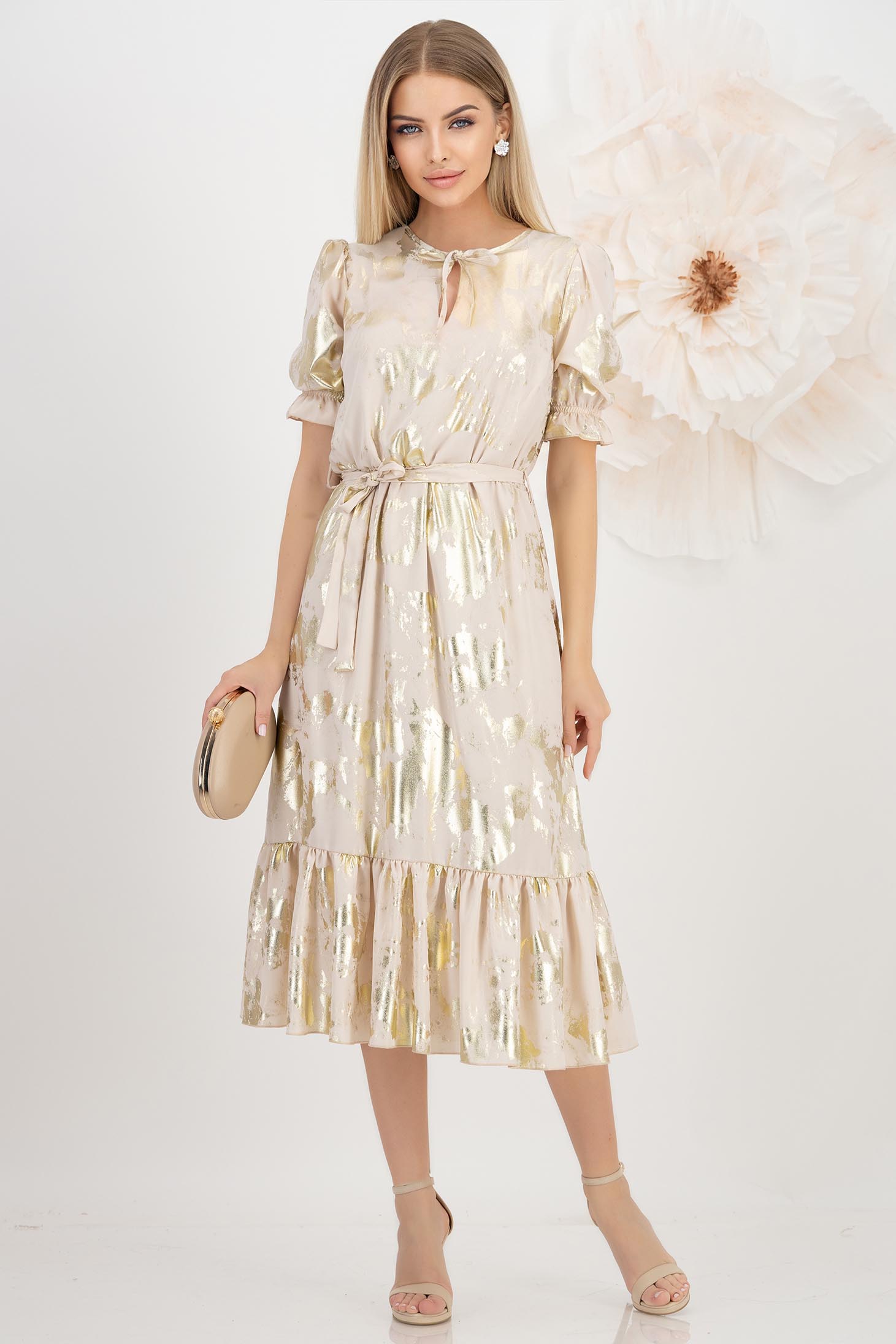 Rochie din tripluvoal metalizat bej midi in clos cu elastic in talie - StarShinerS 3 - StarShinerS.ro