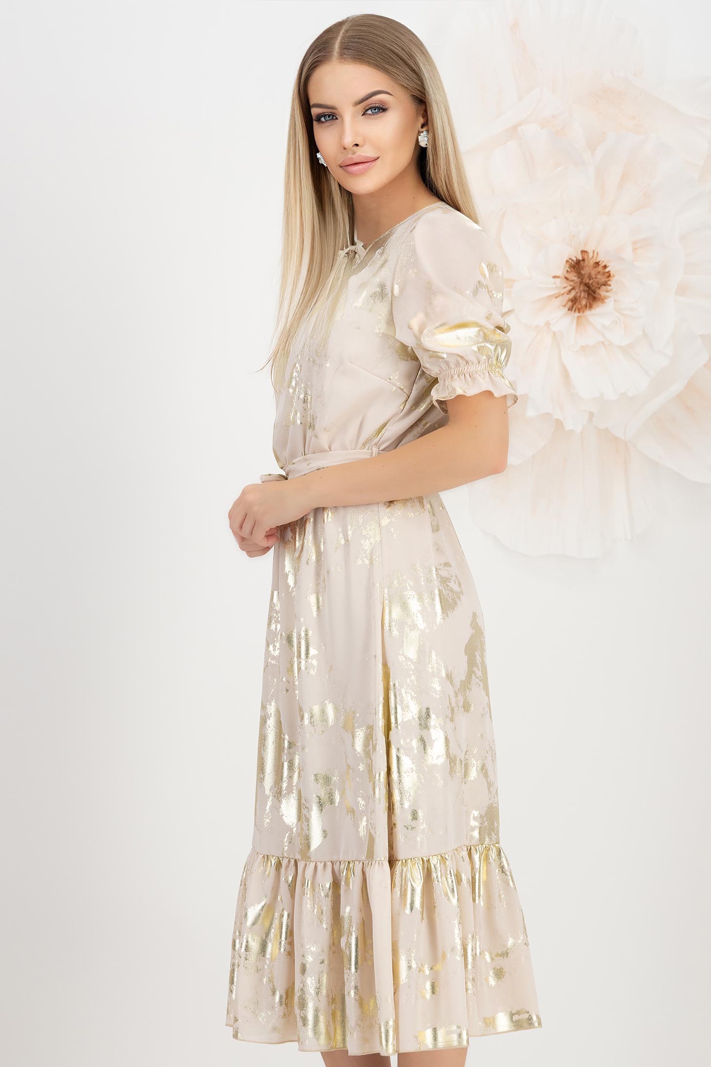 Rochie din tripluvoal metalizat bej midi in clos cu elastic in talie - StarShinerS 2 - StarShinerS.ro