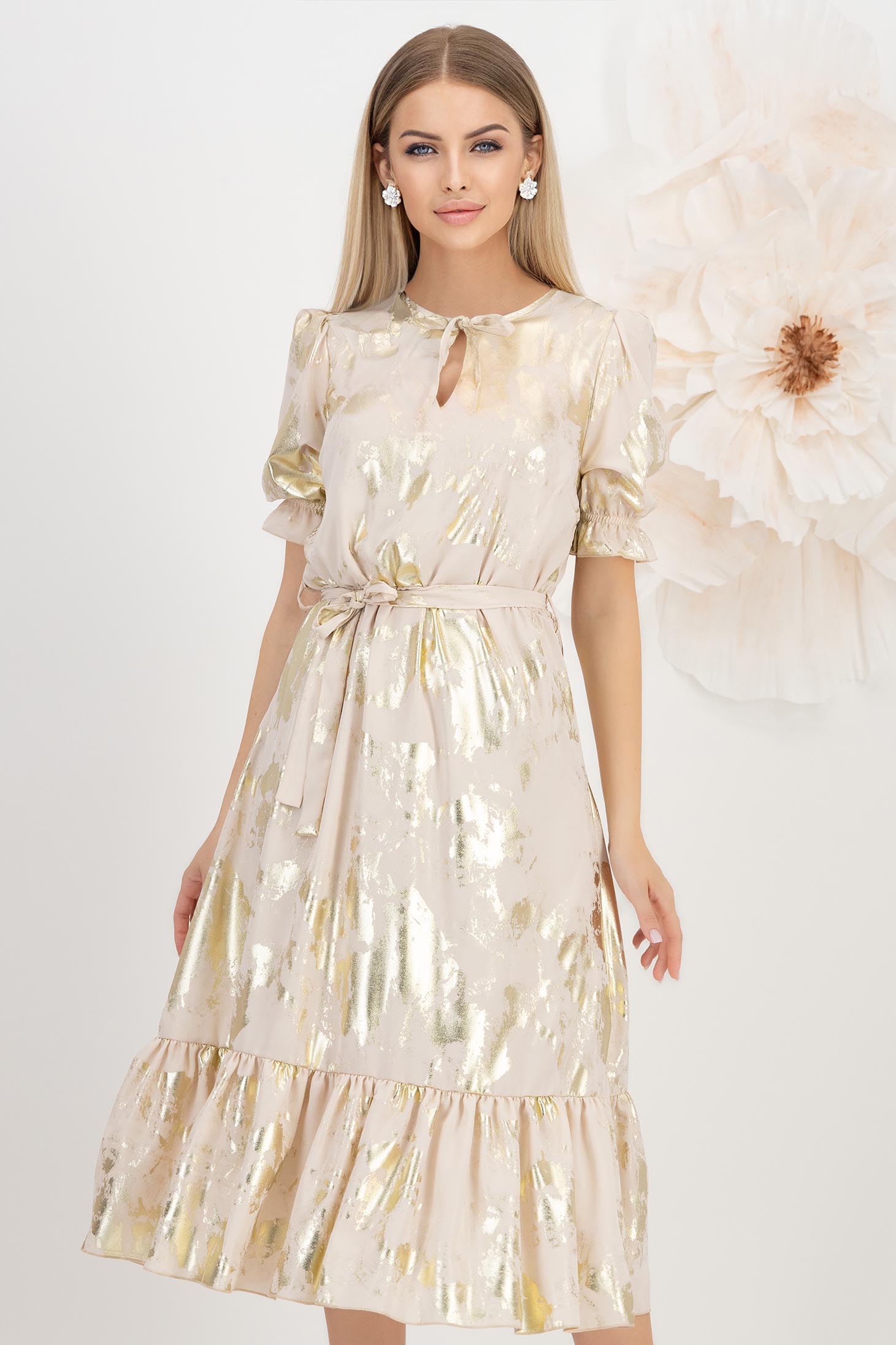 StarShinerS.ro Rochie din tripluvoal metalizat bej midi in clos cu elastic in talie - StarShinerS