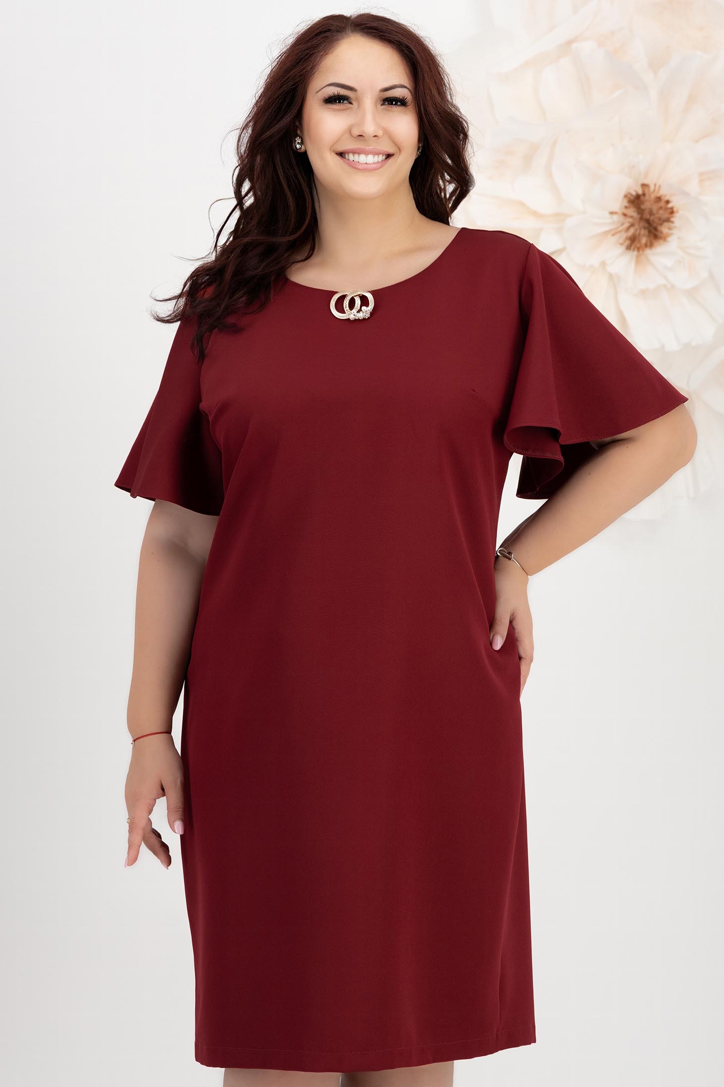 StarShinerS.ro Rochie din stofa elastica visinie cu un croi drept si volanase la maneca - StarShinerS