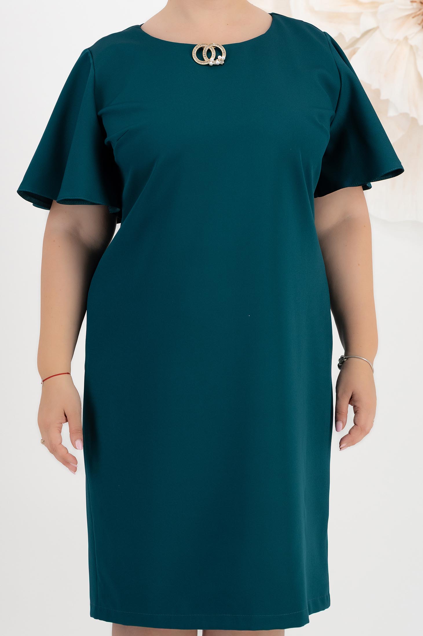Rochie din stofa elastica verde petrol cu un croi drept si volanase la maneca - StarShinerS 3 - StarShinerS.ro