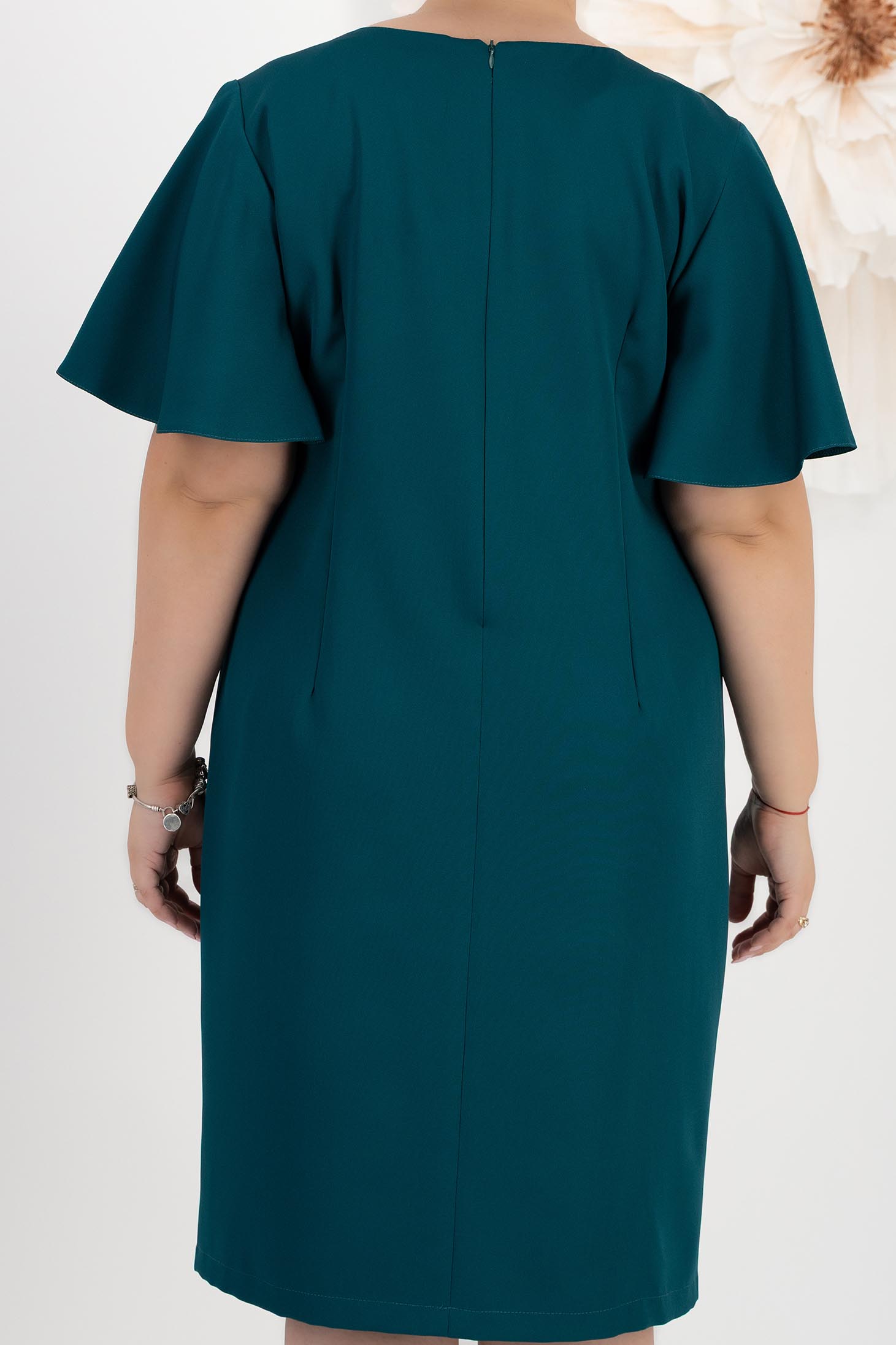 Rochie din stofa elastica verde petrol cu un croi drept si volanase la maneca - StarShinerS 4 - StarShinerS.ro