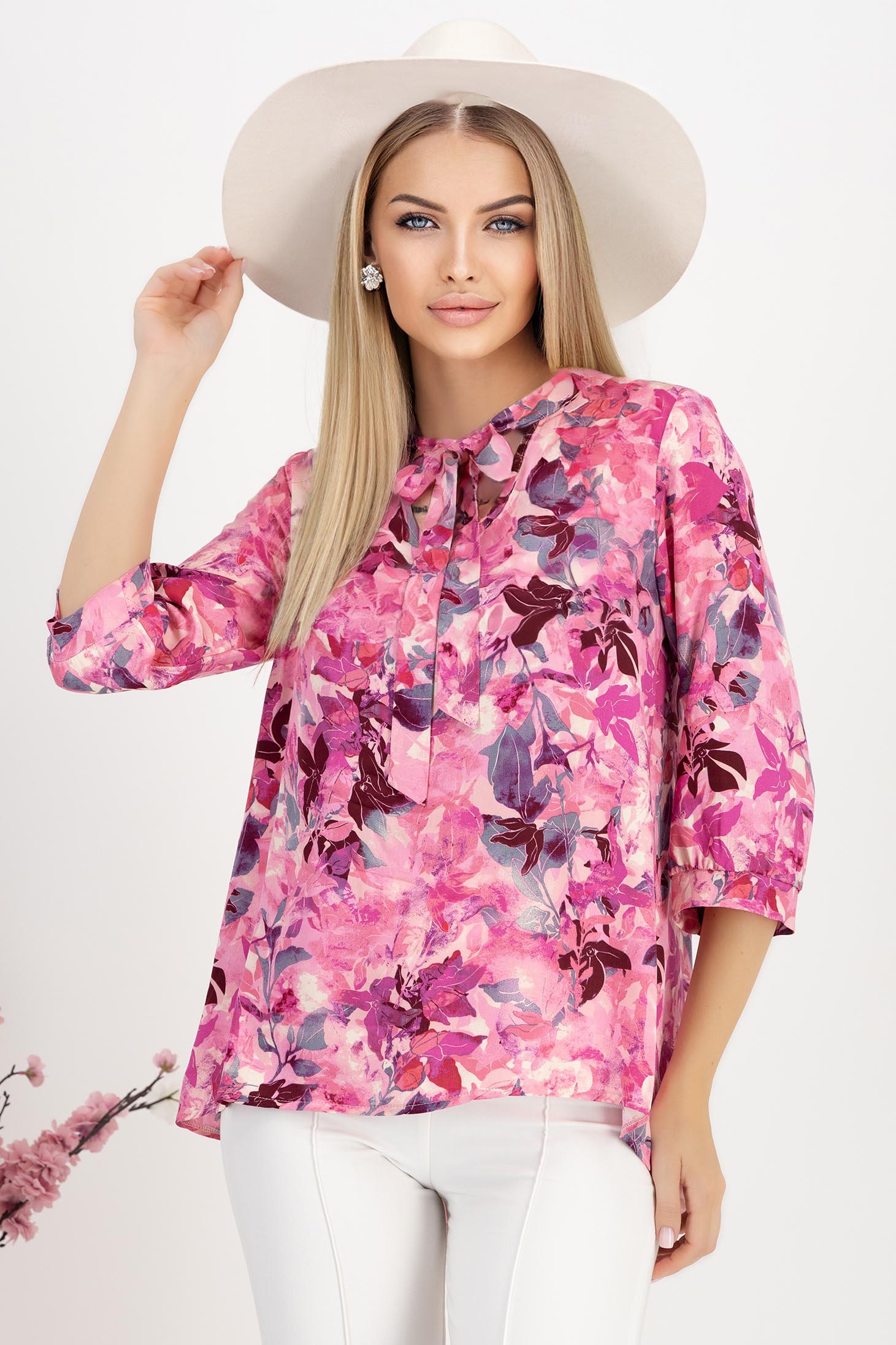 StarShinerS.ro Bluza dama din viscoza si in roz usor asimetrica cu croi larg si guler tip esarfa - StarShinerS
