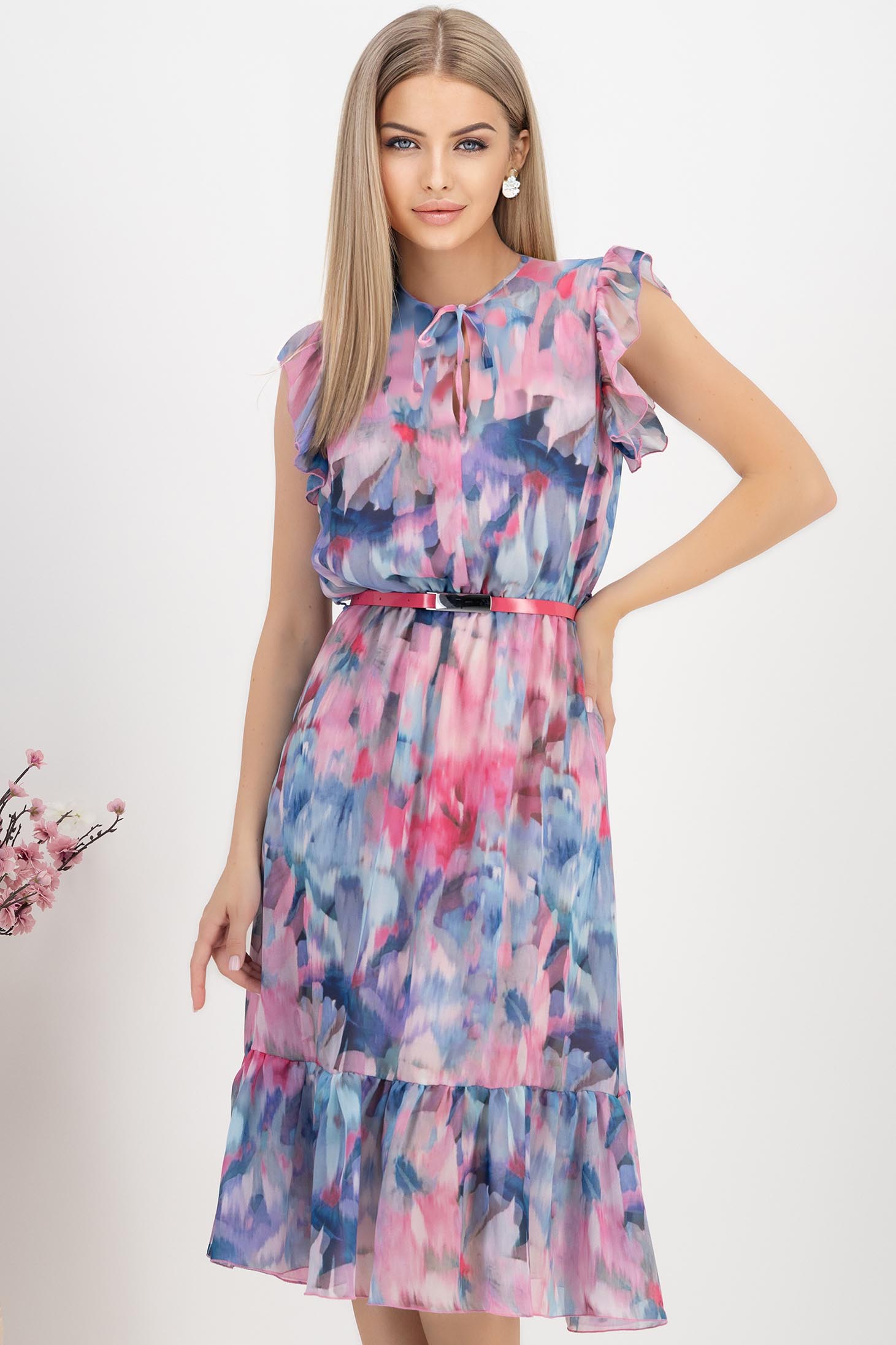 Rochie din voal multicolora midi in clos cu elastic in talie si volanase la maneca - StarShinerS 2 - StarShinerS.ro