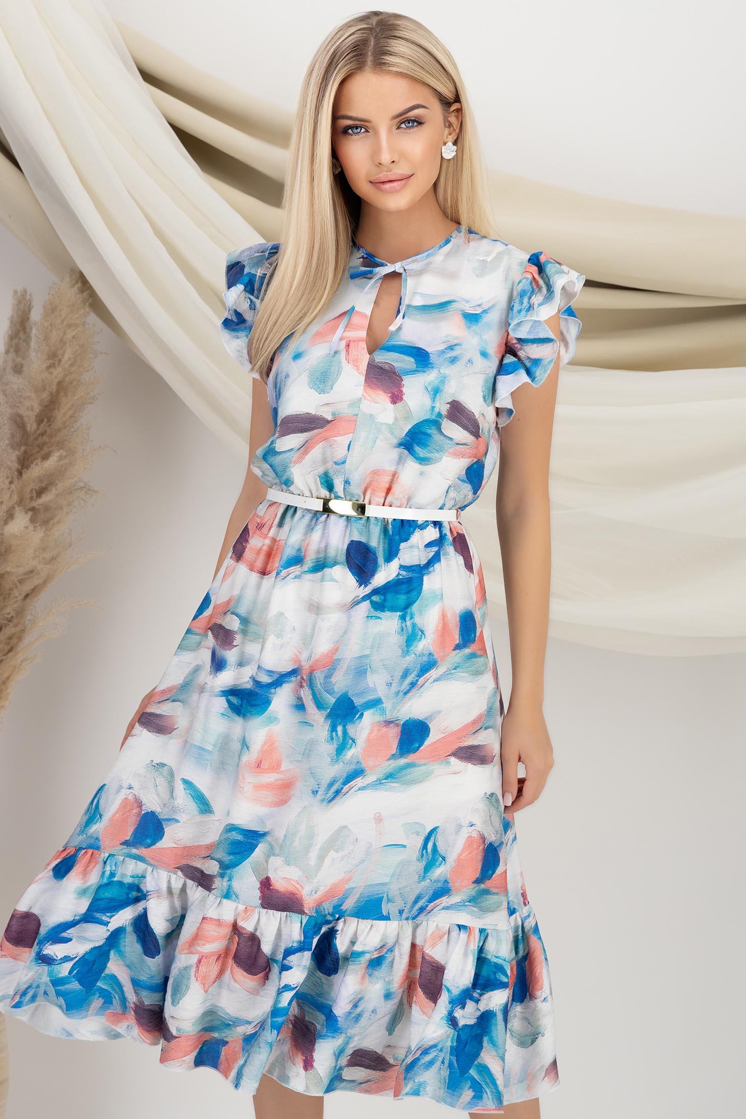 StarShinerS.ro Rochie din viscoza si in multicolora midi in clos cu elastic in talie si accesoriu tip curea - StarShinerS