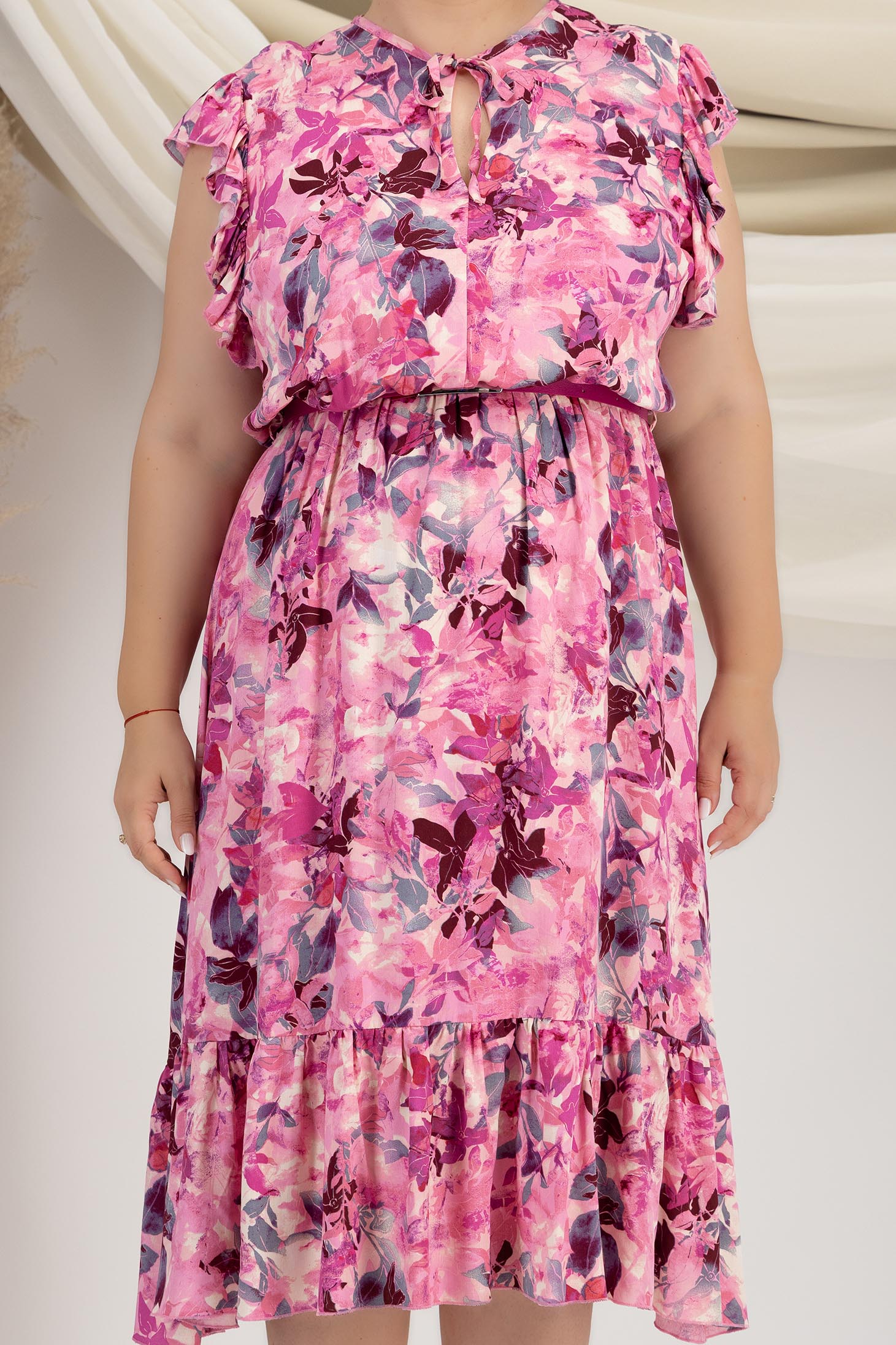 Rochie din viscoza si in roz midi in clos cu elastic in talie si accesoriu tip curea - StarShinerS 4 - StarShinerS.ro