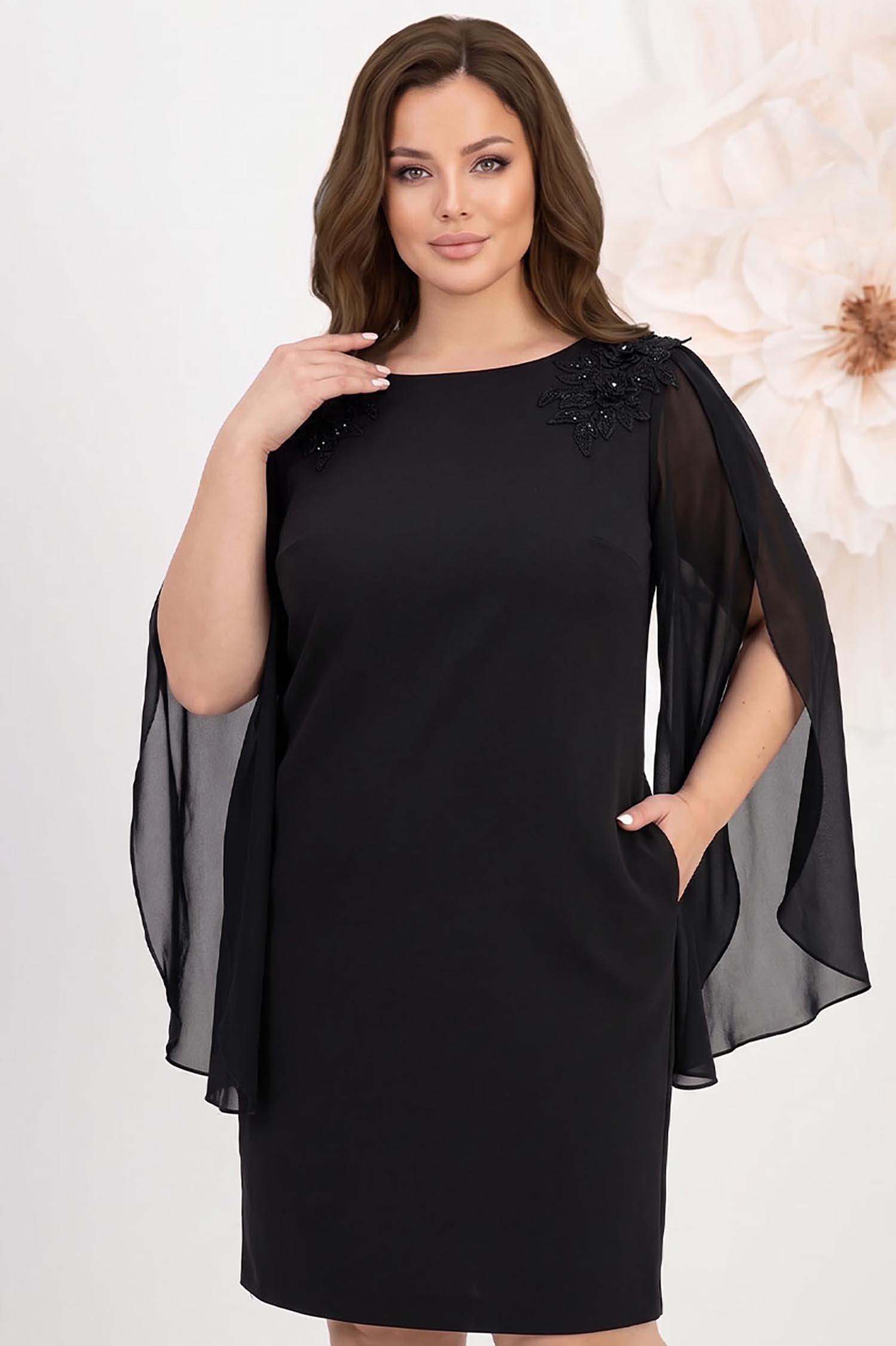 StarShinerS.ro Rochie din stofa elastica neagra cu un croi drept si maneci tip fluture din voal cu aplicatii pe umeri - StarShinerS