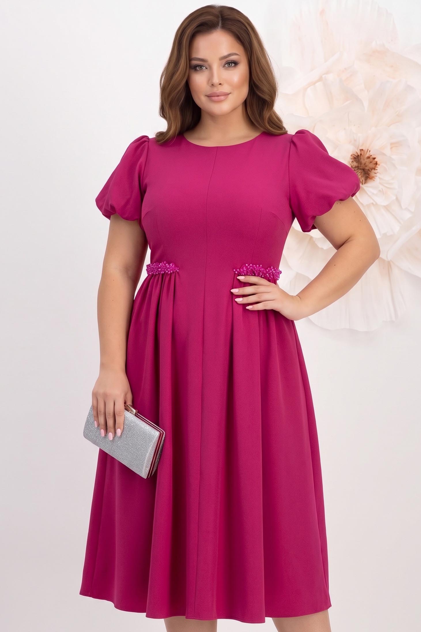 Rochie din stofa elastica zmeura midi in clos cu maneci bufante si aplicatii stralucitoare - StarShinerS 2 - StarShinerS.ro