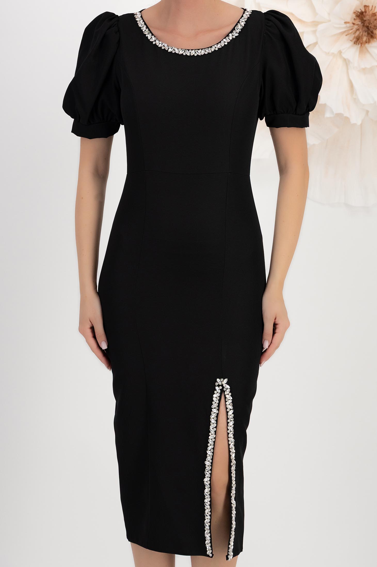 Rochie din stofa elastica neagra midi tip creion cu maneci bufante si aplicatii stralucitoare cu pietre strass - StarShinerS 4 - StarShinerS.ro