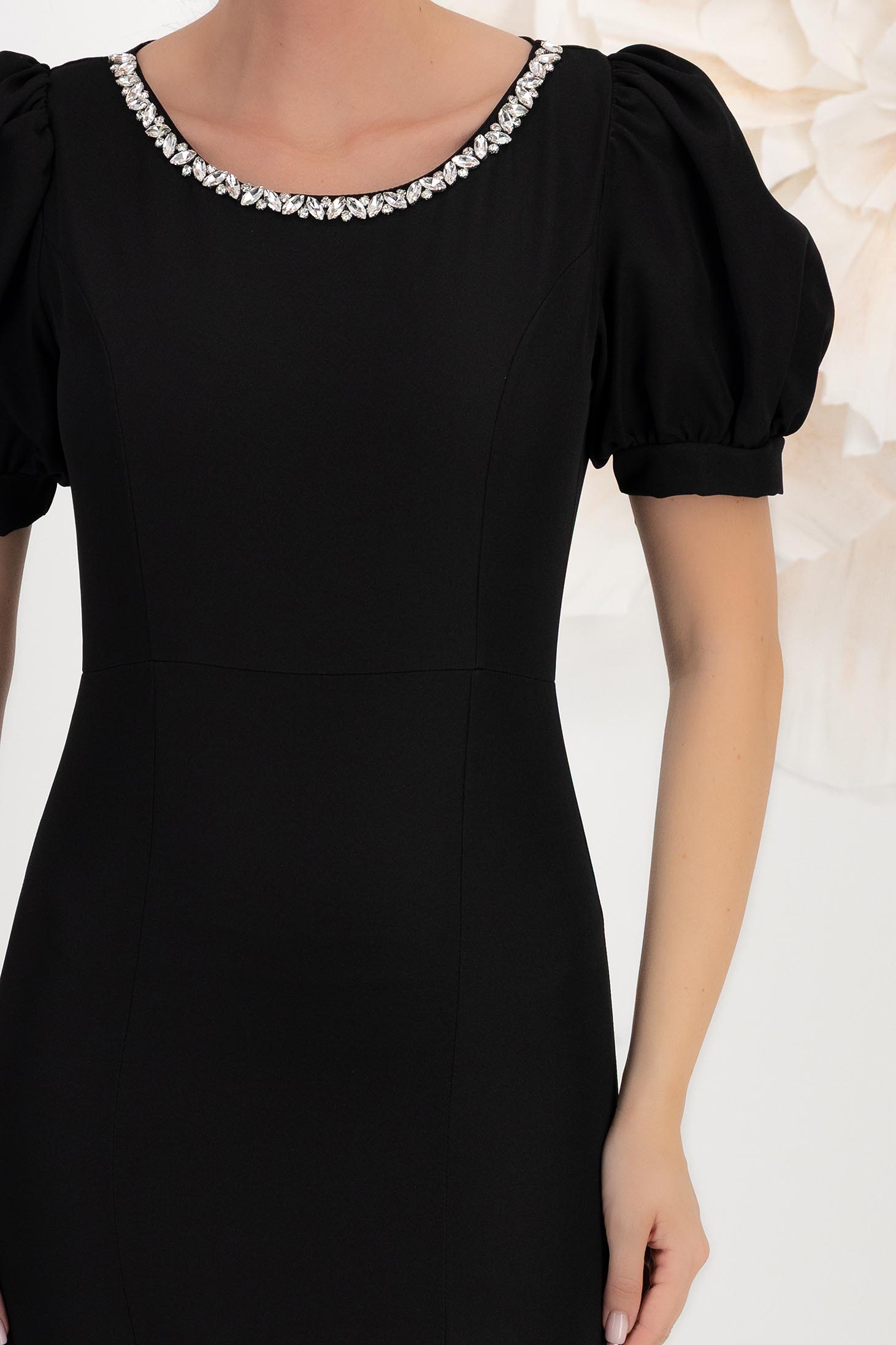Rochie din stofa elastica neagra midi tip creion cu maneci bufante si aplicatii stralucitoare cu pietre strass - StarShinerS 6 - StarShinerS.ro