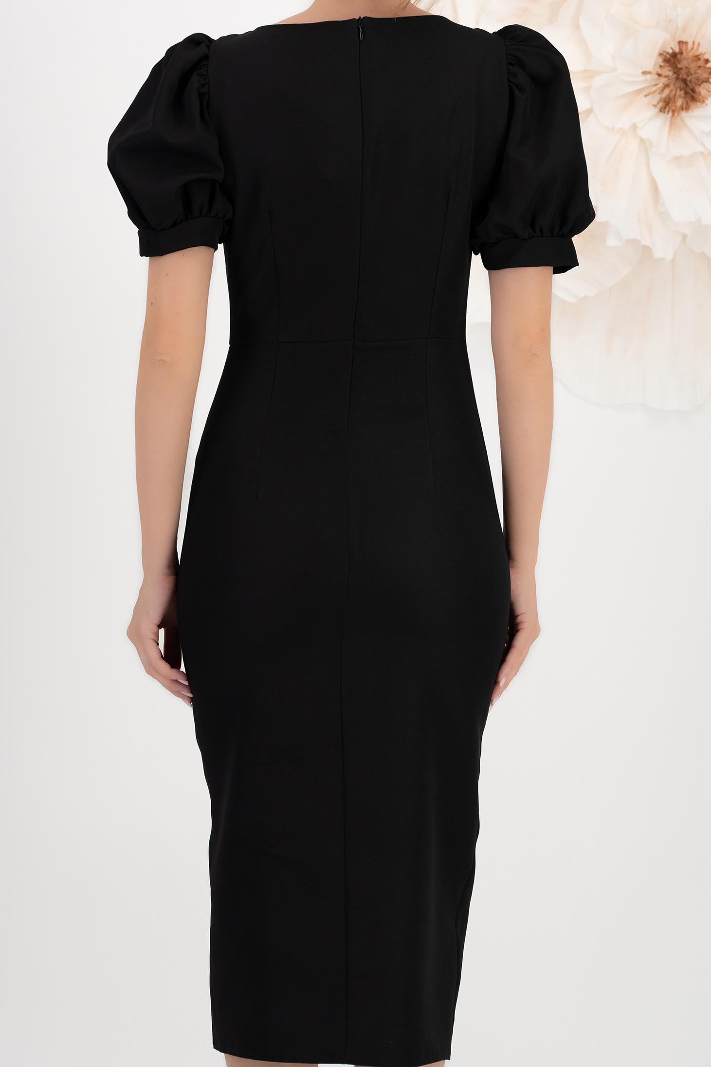Rochie din stofa elastica neagra midi tip creion cu maneci bufante si aplicatii stralucitoare cu pietre strass - StarShinerS 5 - StarShinerS.ro