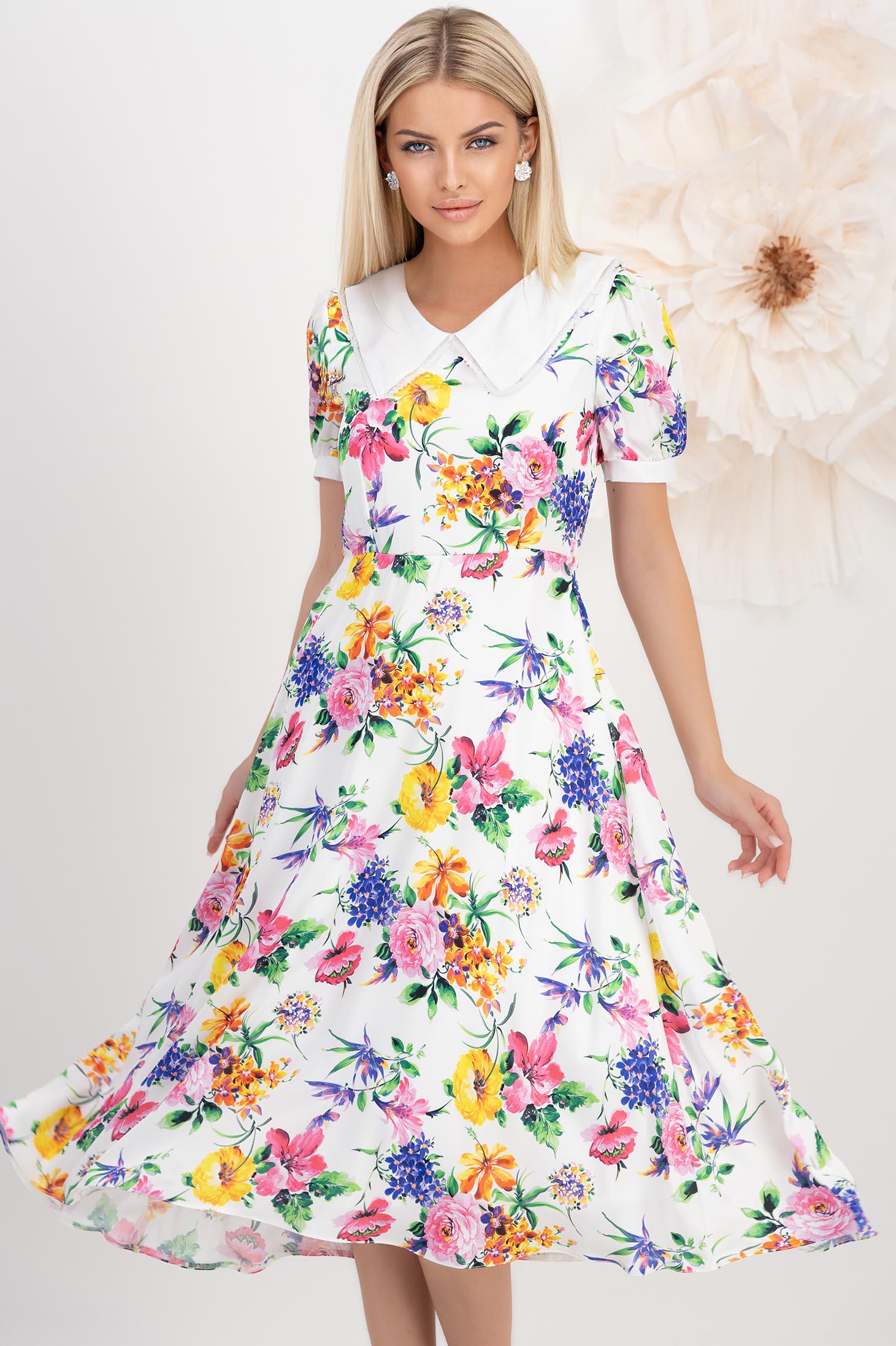 Rochie din satin multicolora midi in clos cu elastic in talie - StarShinerS 2 - StarShinerS.ro